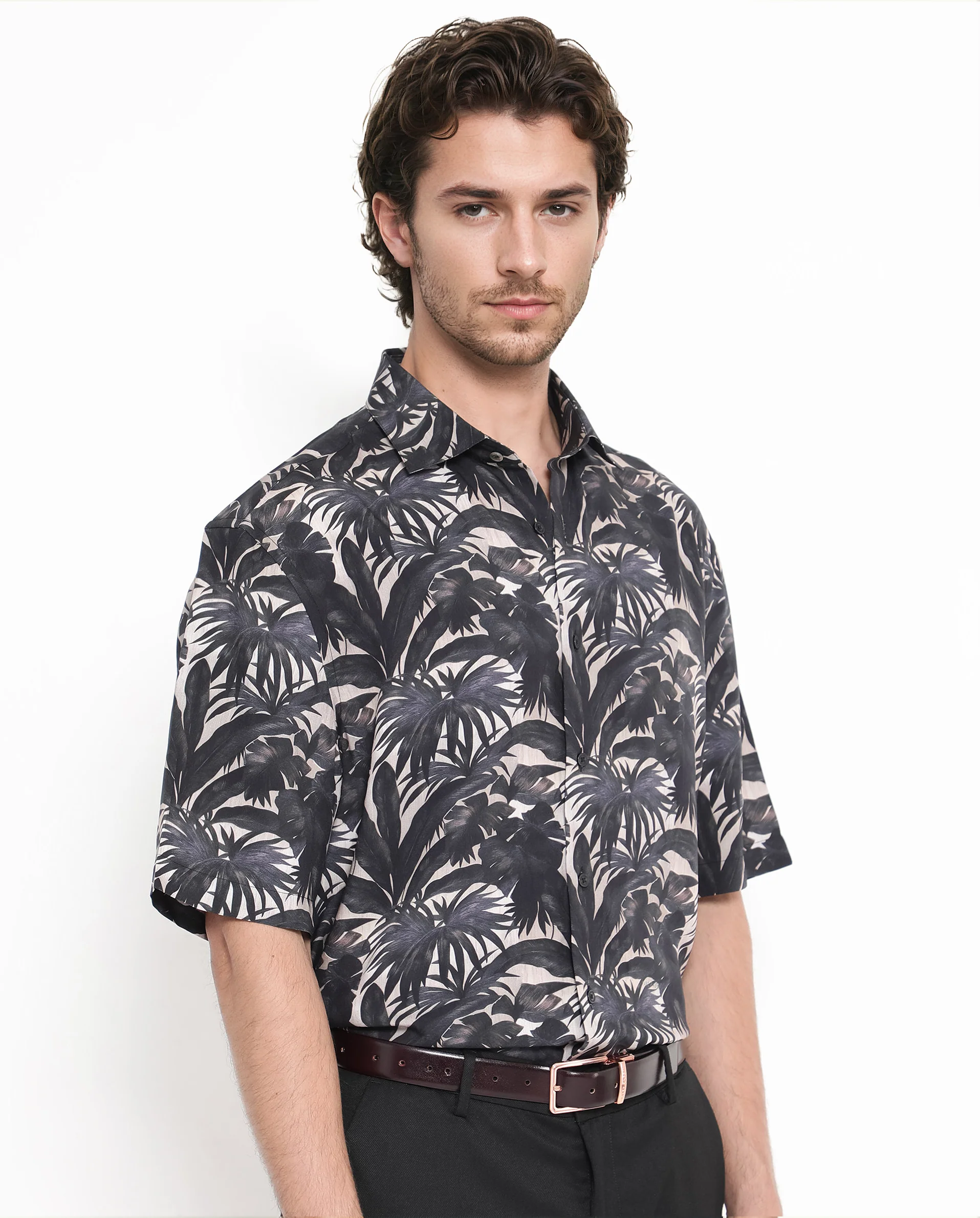 Rare Rabbit Men's Sabel Black Viscose Tropical Print Boxy Fit Half Sleeve Collared Shirt - Image 3