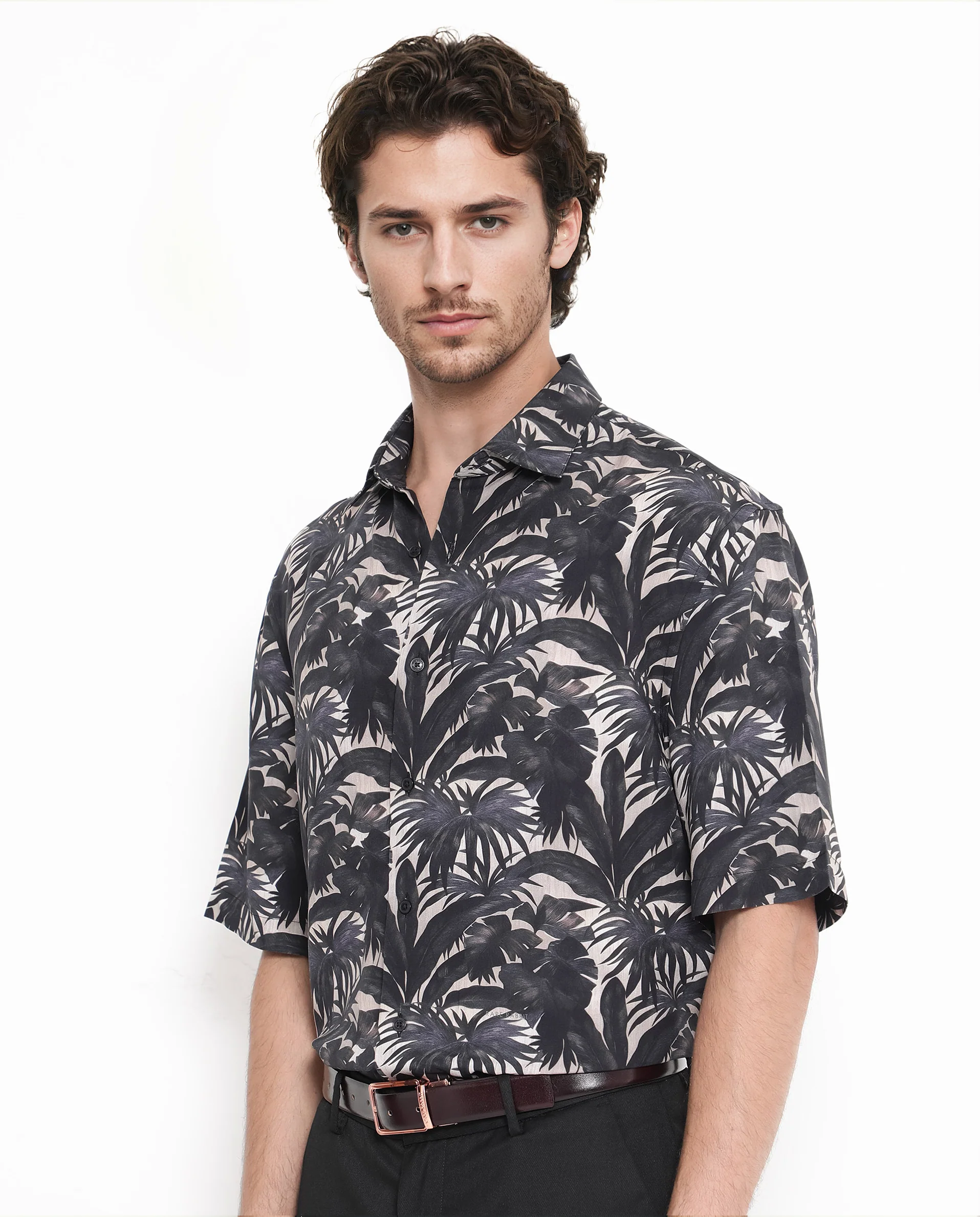 Rare Rabbit Men's Sabel Black Viscose Tropical Print Boxy Fit Half Sleeve Collared Shirt - Image 5