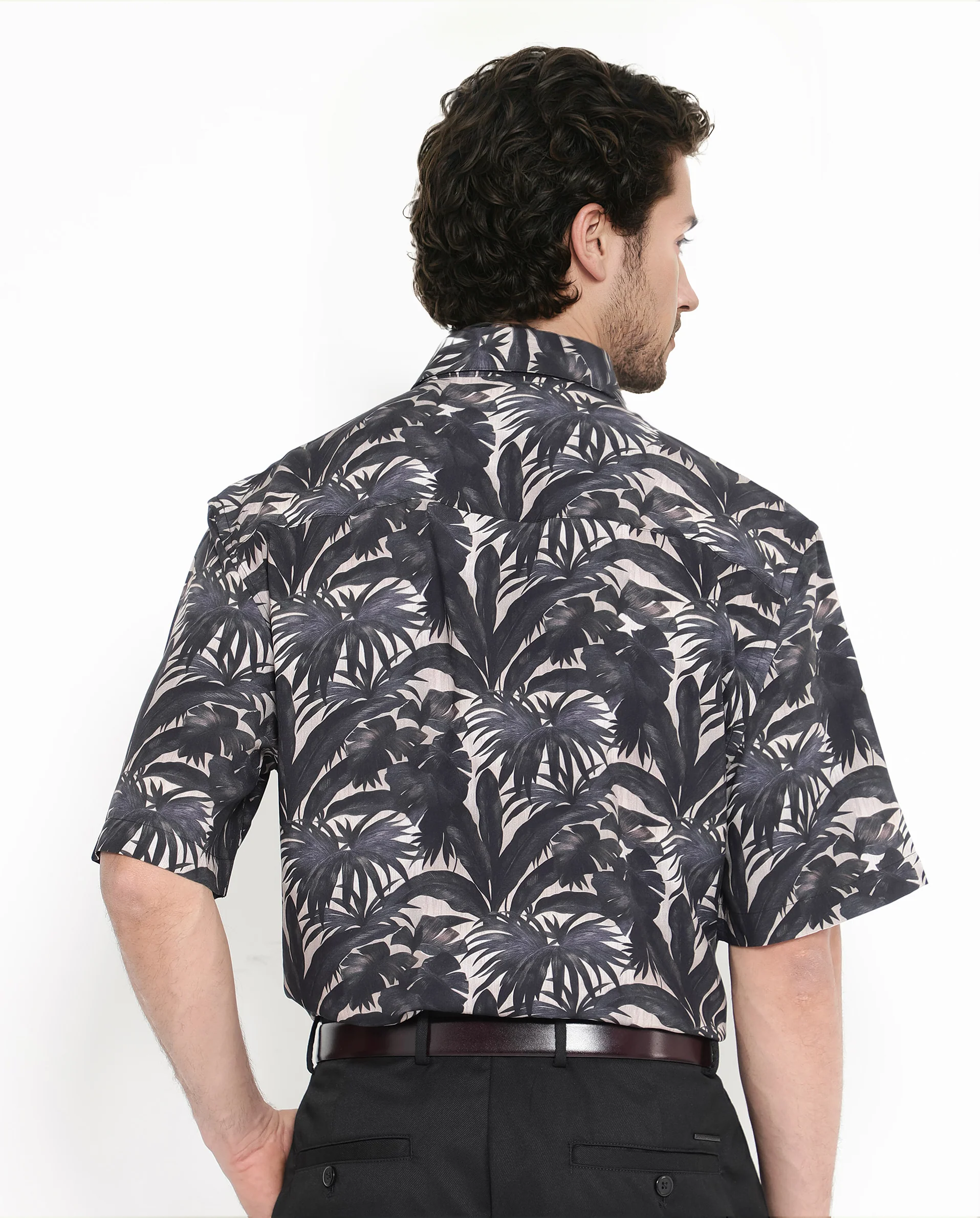 Rare Rabbit Men's Sabel Black Viscose Tropical Print Boxy Fit Half Sleeve Collared Shirt - Image 6