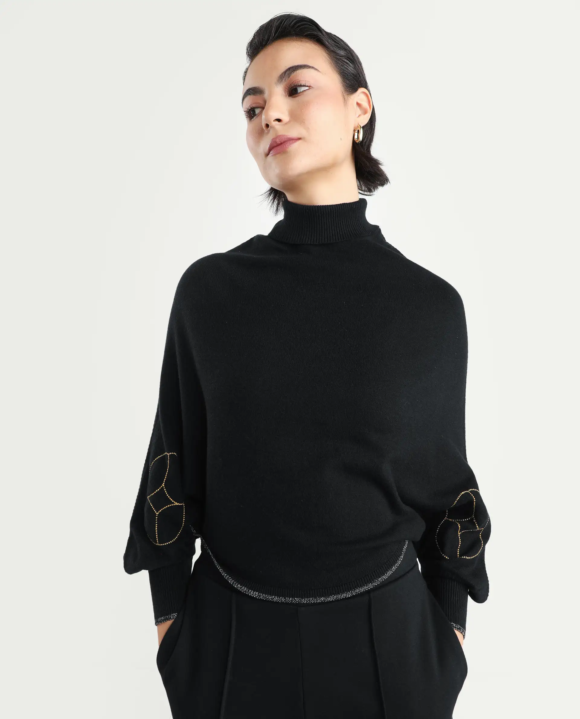 Rareism Women's Sabel Black Viscose Turtle Neck Plain Kimono Sleeve Crop Relaxed Fit Sweater