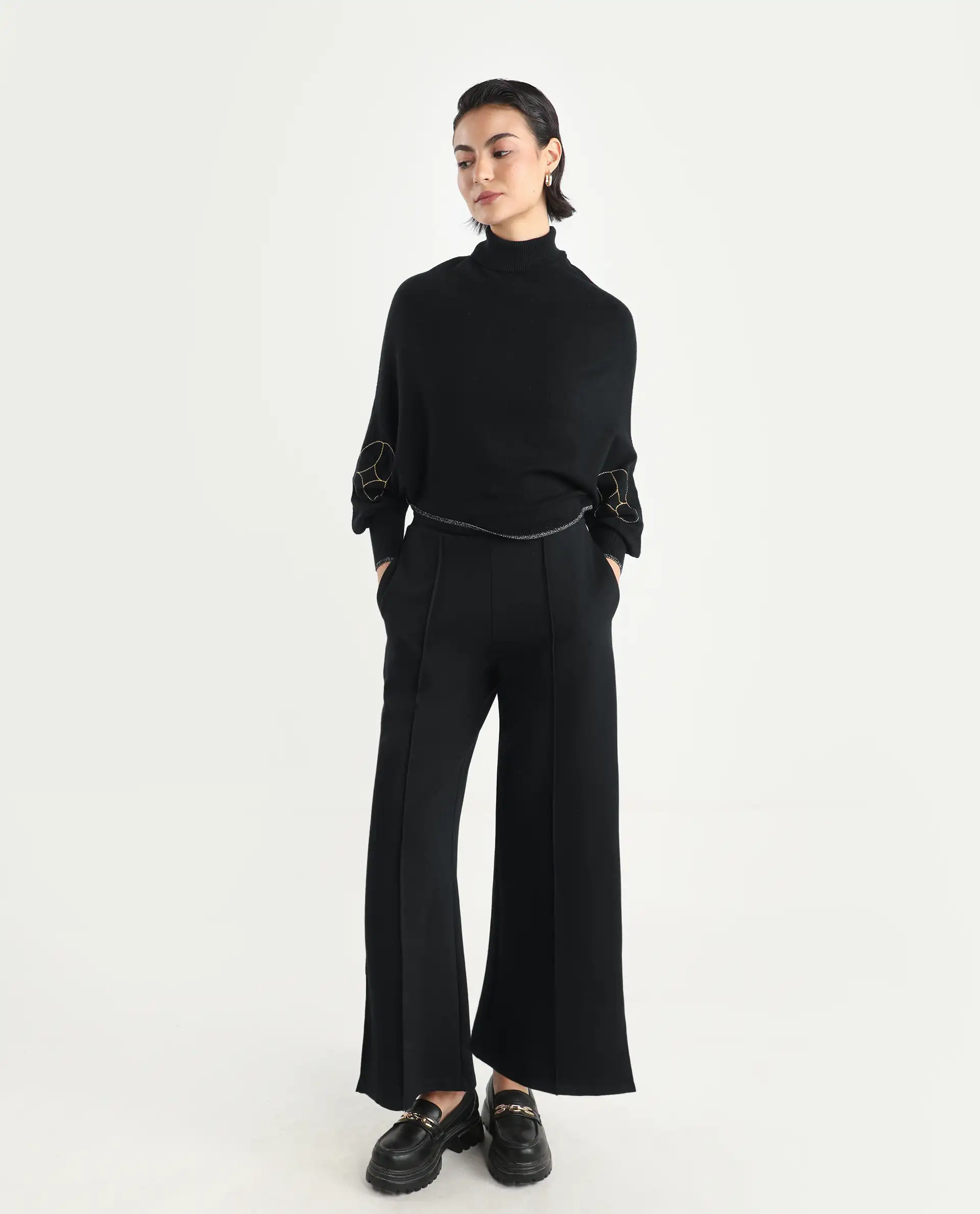 Rareism Women's Sabel Black Viscose Turtle Neck Plain Kimono Sleeve Crop Relaxed Fit Sweater - Image 2