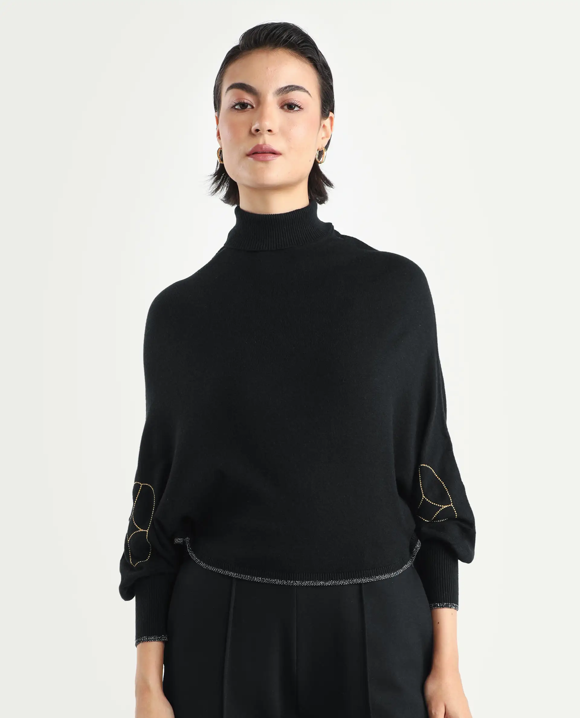 Rareism Women's Sabel Black Viscose Turtle Neck Plain Kimono Sleeve Crop Relaxed Fit Sweater - Image 3