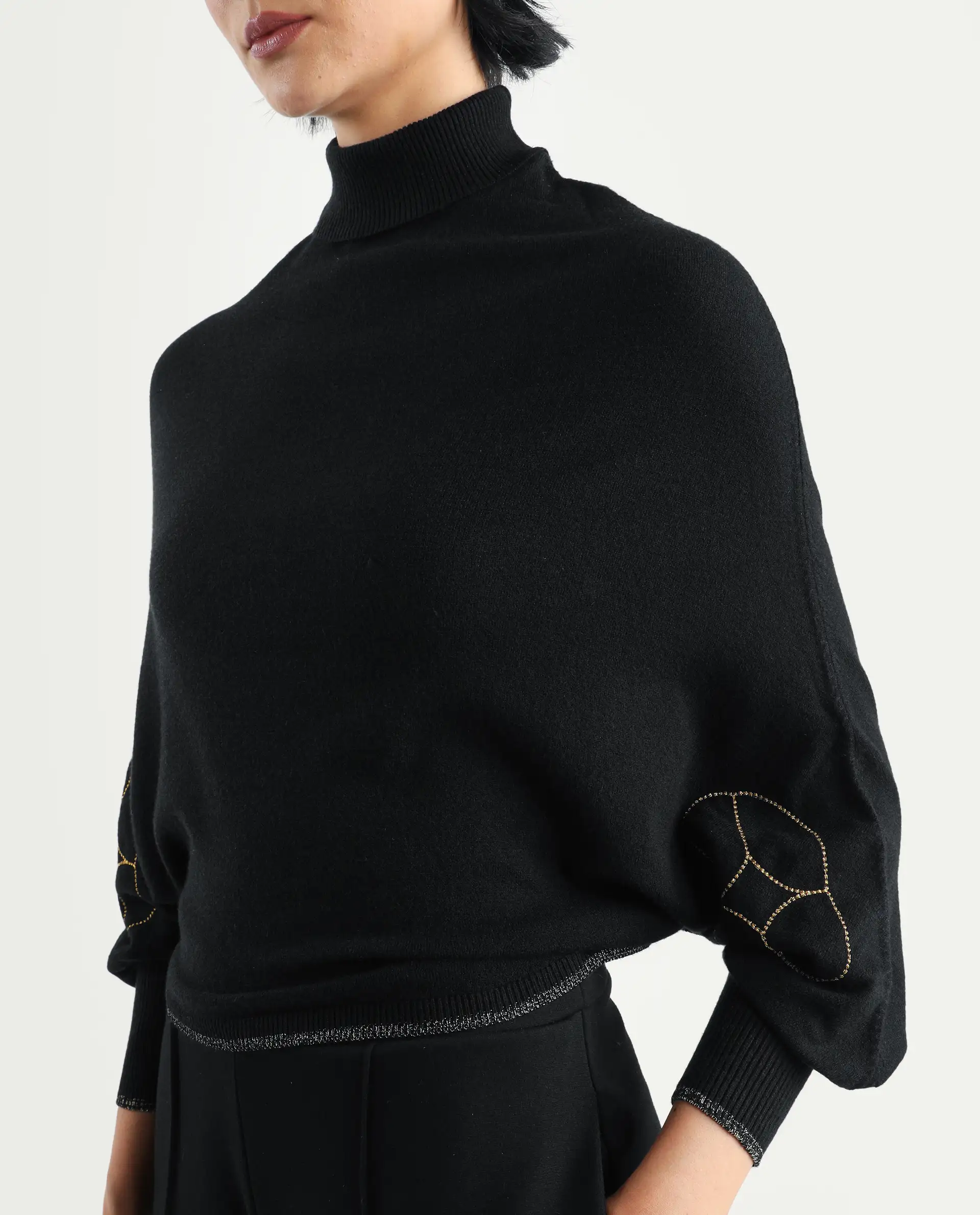 Rareism Women's Sabel Black Viscose Turtle Neck Plain Kimono Sleeve Crop Relaxed Fit Sweater - Image 4