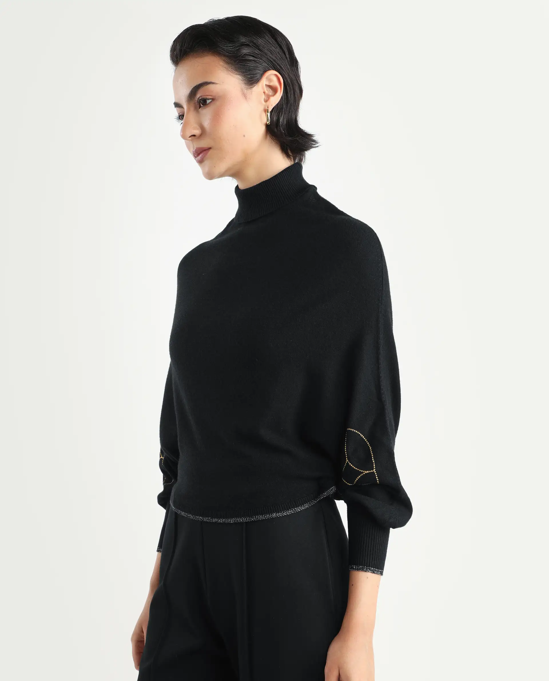 Rareism Women's Sabel Black Viscose Turtle Neck Plain Kimono Sleeve Crop Relaxed Fit Sweater - Image 5