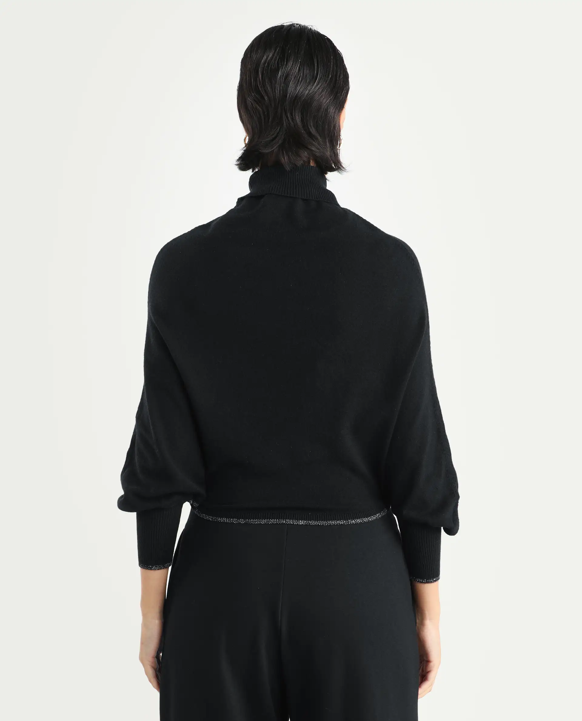 Rareism Women's Sabel Black Viscose Turtle Neck Plain Kimono Sleeve Crop Relaxed Fit Sweater - Image 7