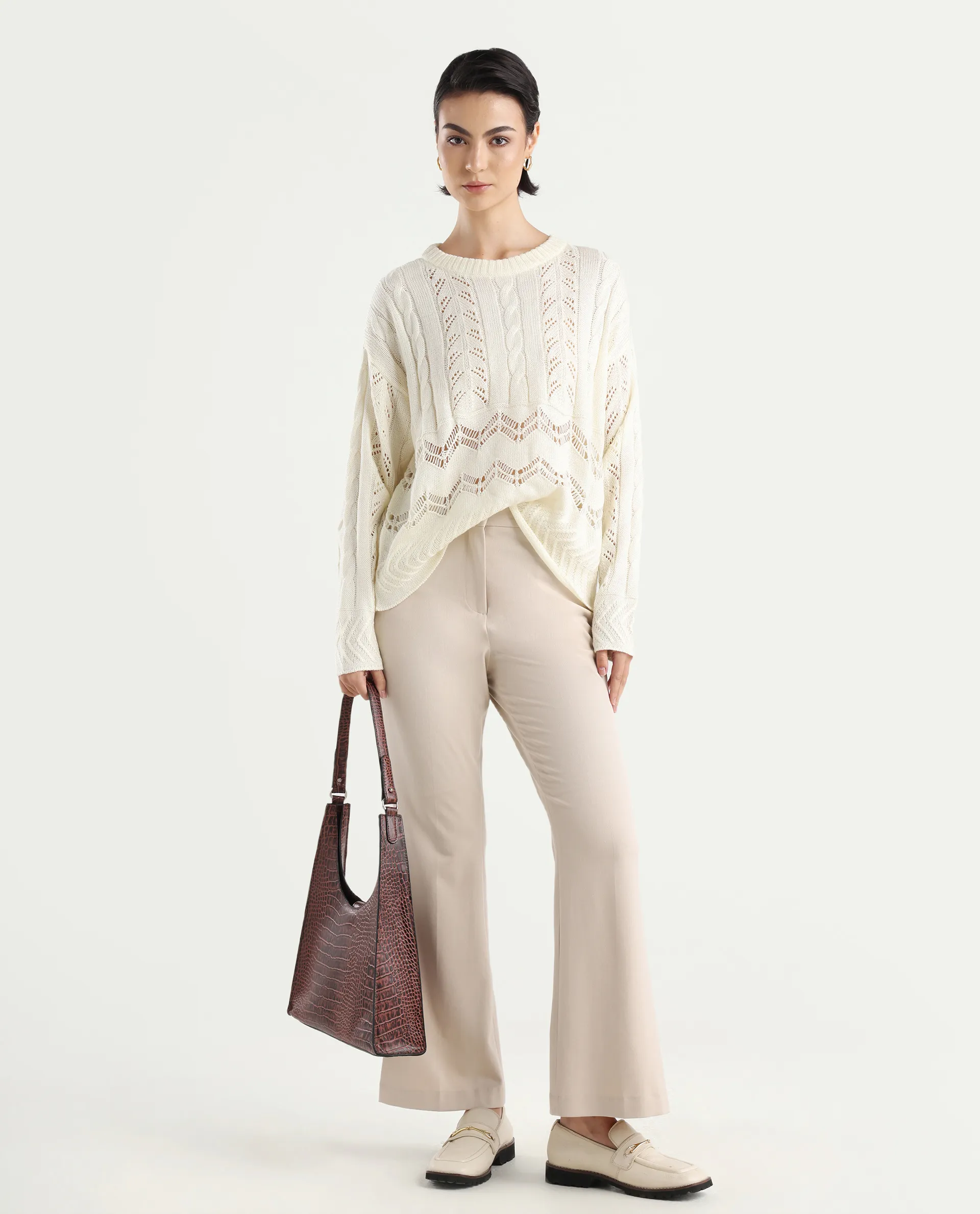 Rareism Women's Saben Beige Acrylic Ribbed Collar Plain Boxy Fit Sweater - Image 2