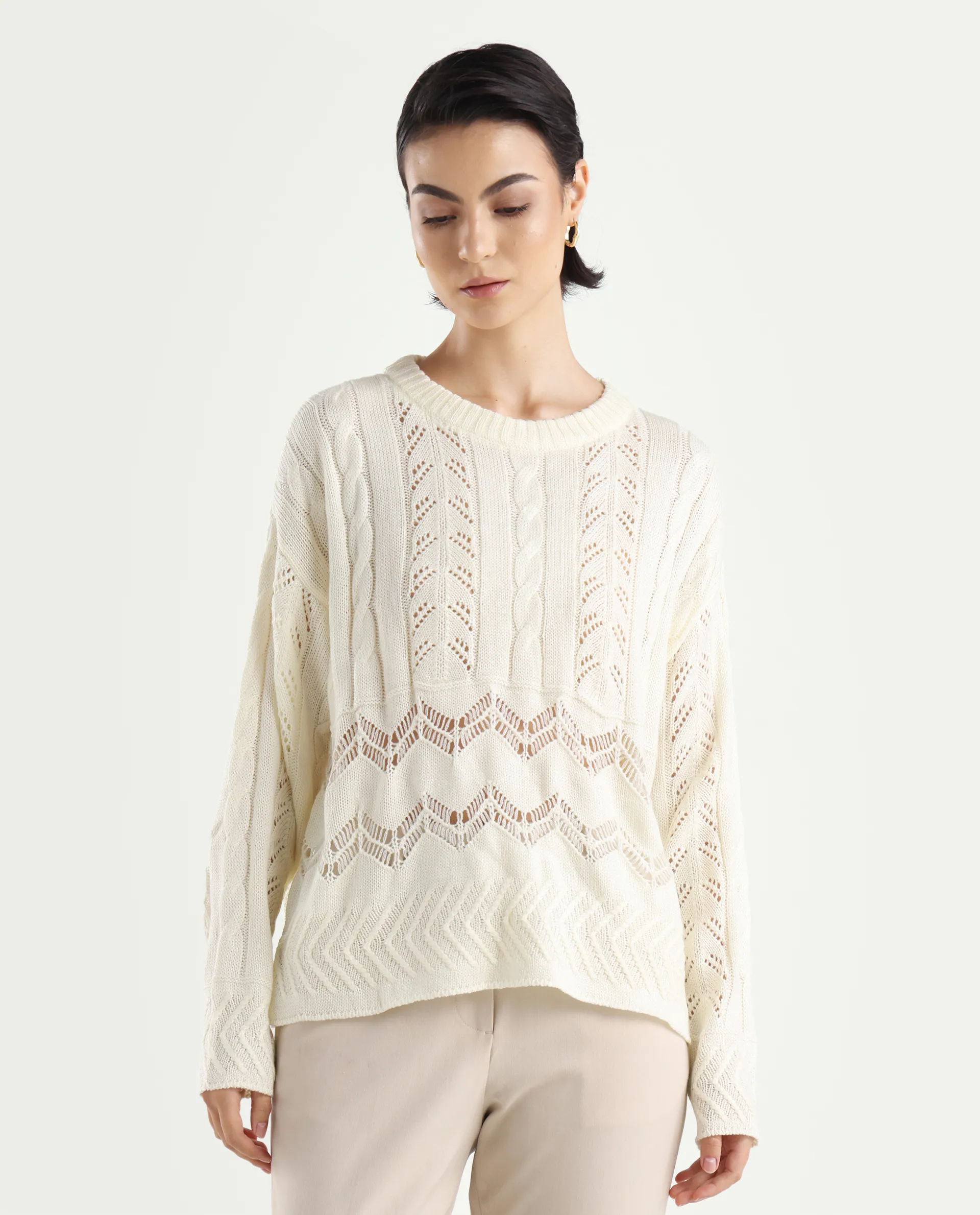Rareism Women's Saben Beige Acrylic Ribbed Collar Plain Boxy Fit Sweater - Image 3