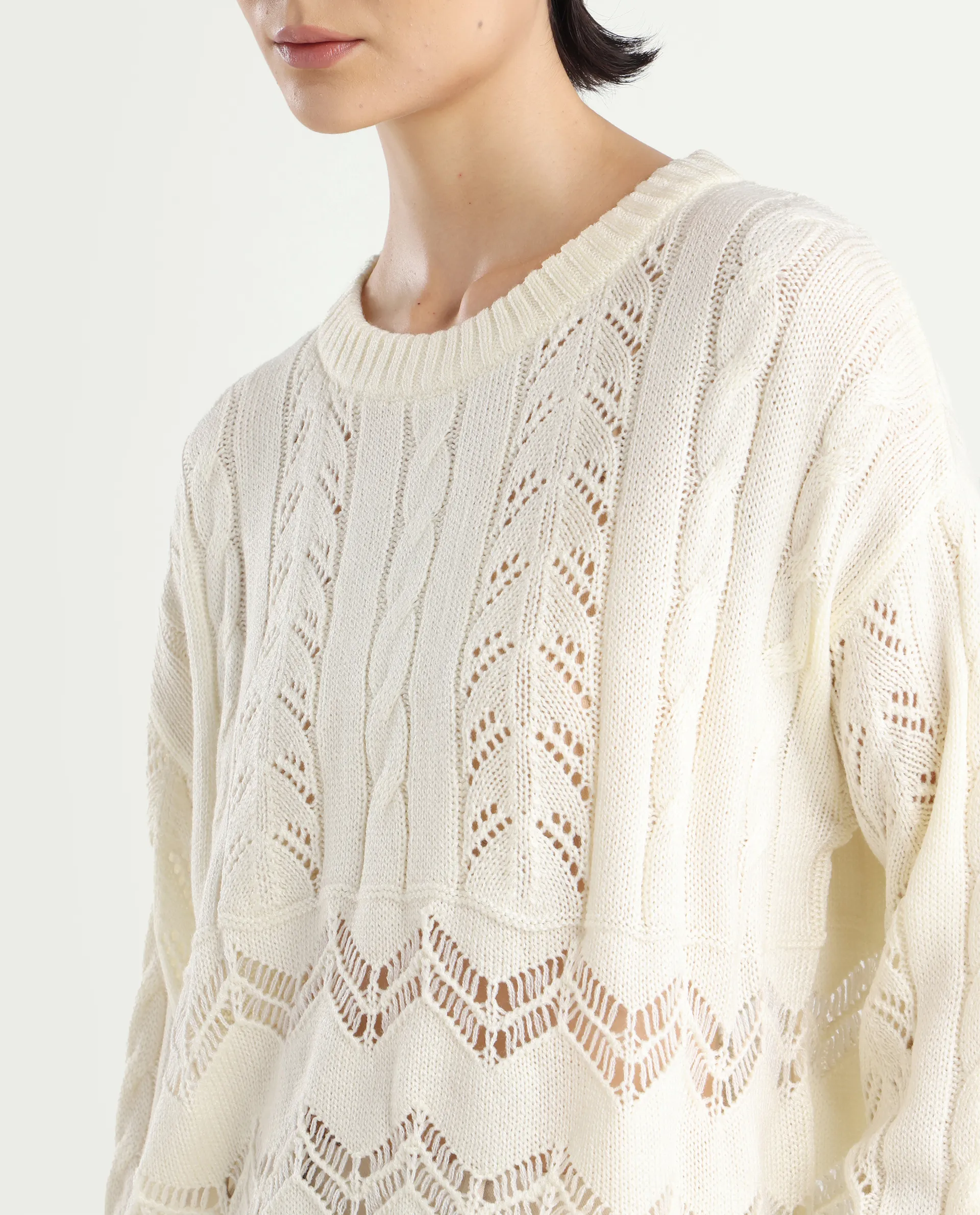 Rareism Women's Saben Beige Acrylic Ribbed Collar Plain Boxy Fit Sweater - Image 4