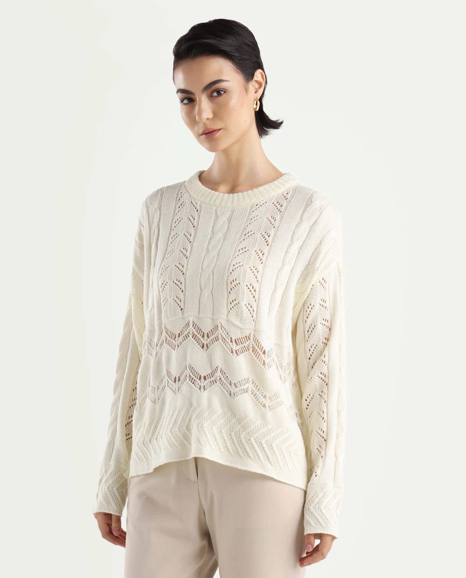Rareism Women's Saben Beige Acrylic Ribbed Collar Plain Boxy Fit Sweater - Image 5