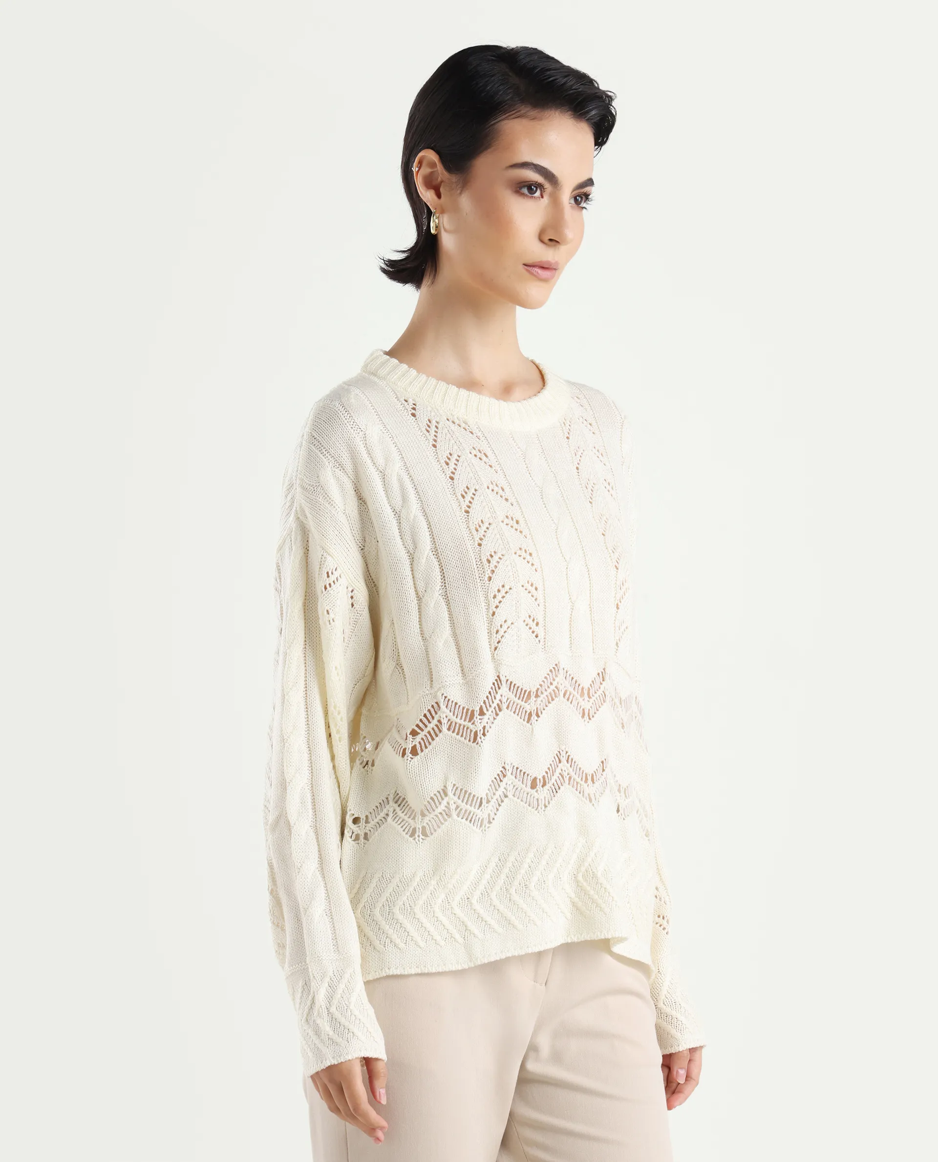 Rareism Women's Saben Beige Acrylic Ribbed Collar Plain Boxy Fit Sweater - Image 6