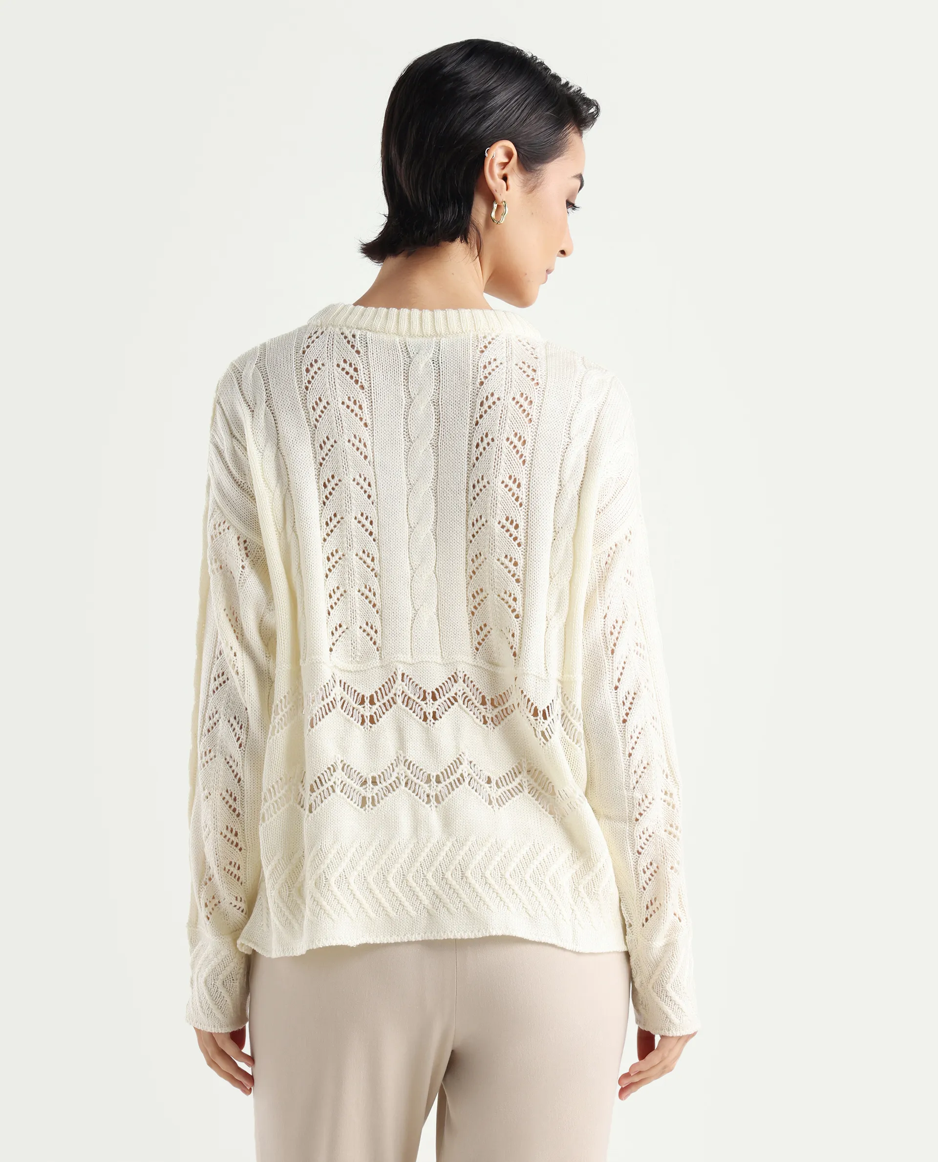 Rareism Women's Saben Beige Acrylic Ribbed Collar Plain Boxy Fit Sweater - Image 7