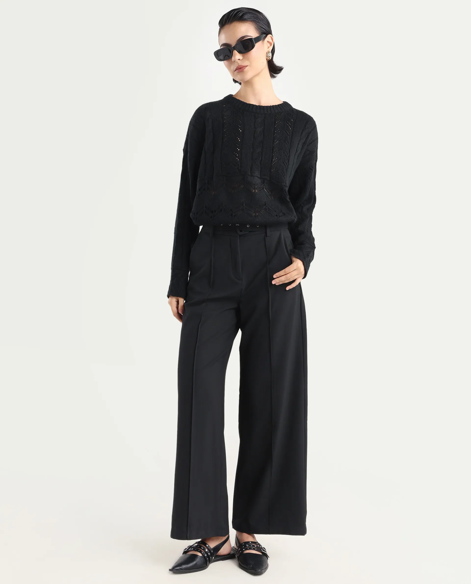 Rareism Women's Saben Black Acrylic Ribbed Collar Plain Boxy Fit Sweater - Image 2