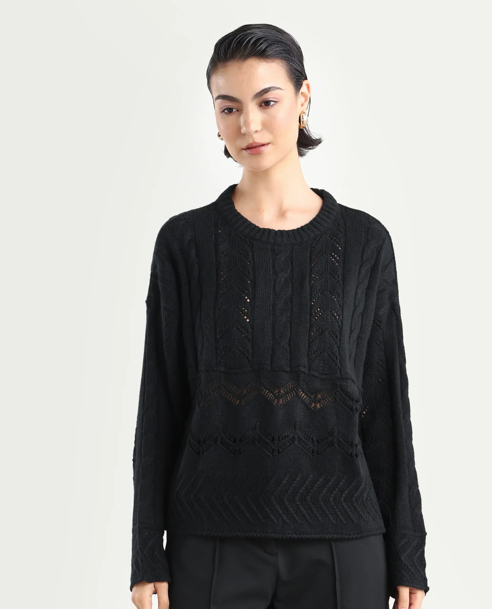 Rareism Women's Saben Black Acrylic Ribbed Collar Plain Boxy Fit Sweater - Image 3