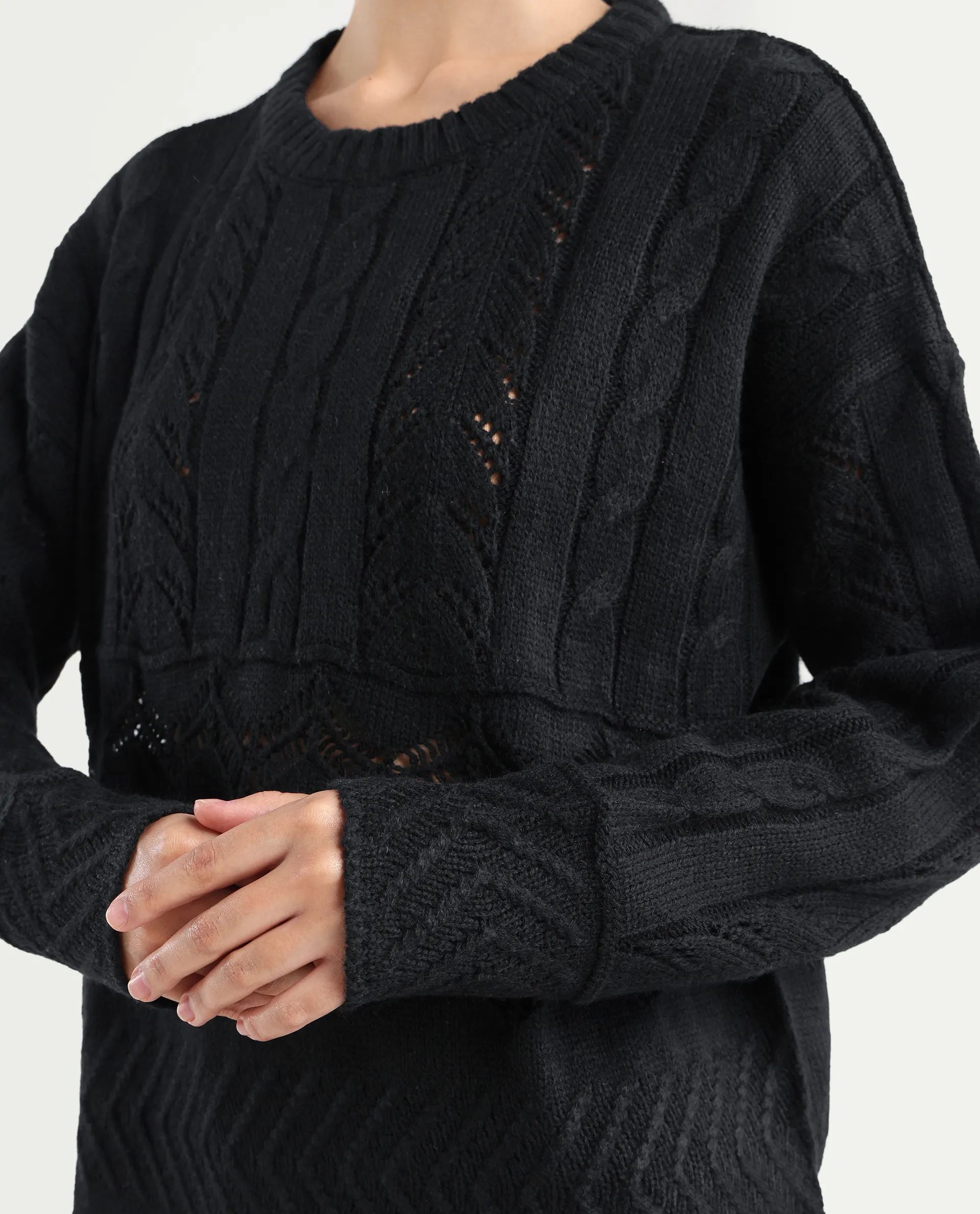 Rareism Women's Saben Black Acrylic Ribbed Collar Plain Boxy Fit Sweater - Image 4