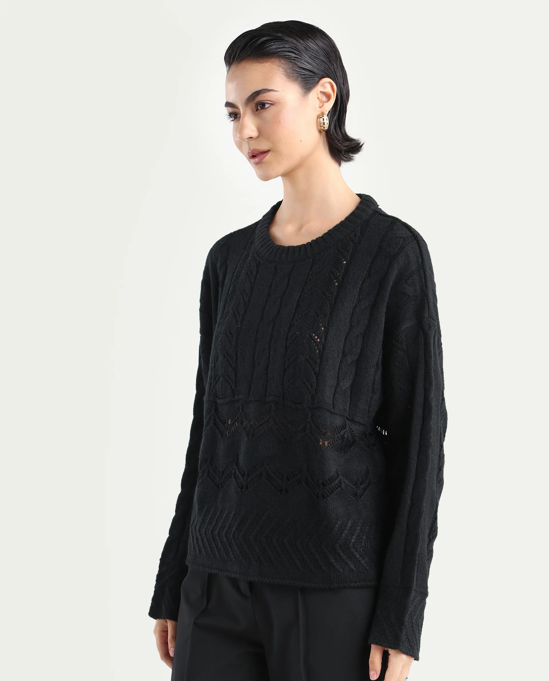 Rareism Women's Saben Black Acrylic Ribbed Collar Plain Boxy Fit Sweater - Image 5