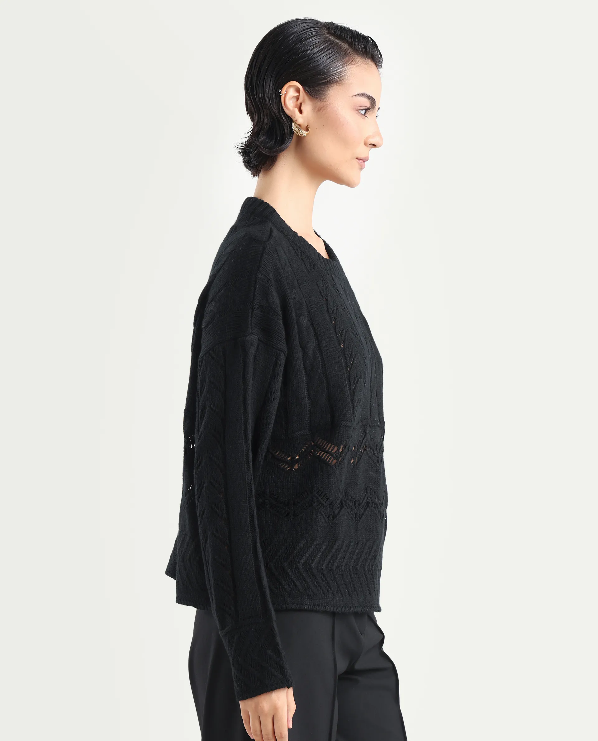 Rareism Women's Saben Black Acrylic Ribbed Collar Plain Boxy Fit Sweater - Image 6