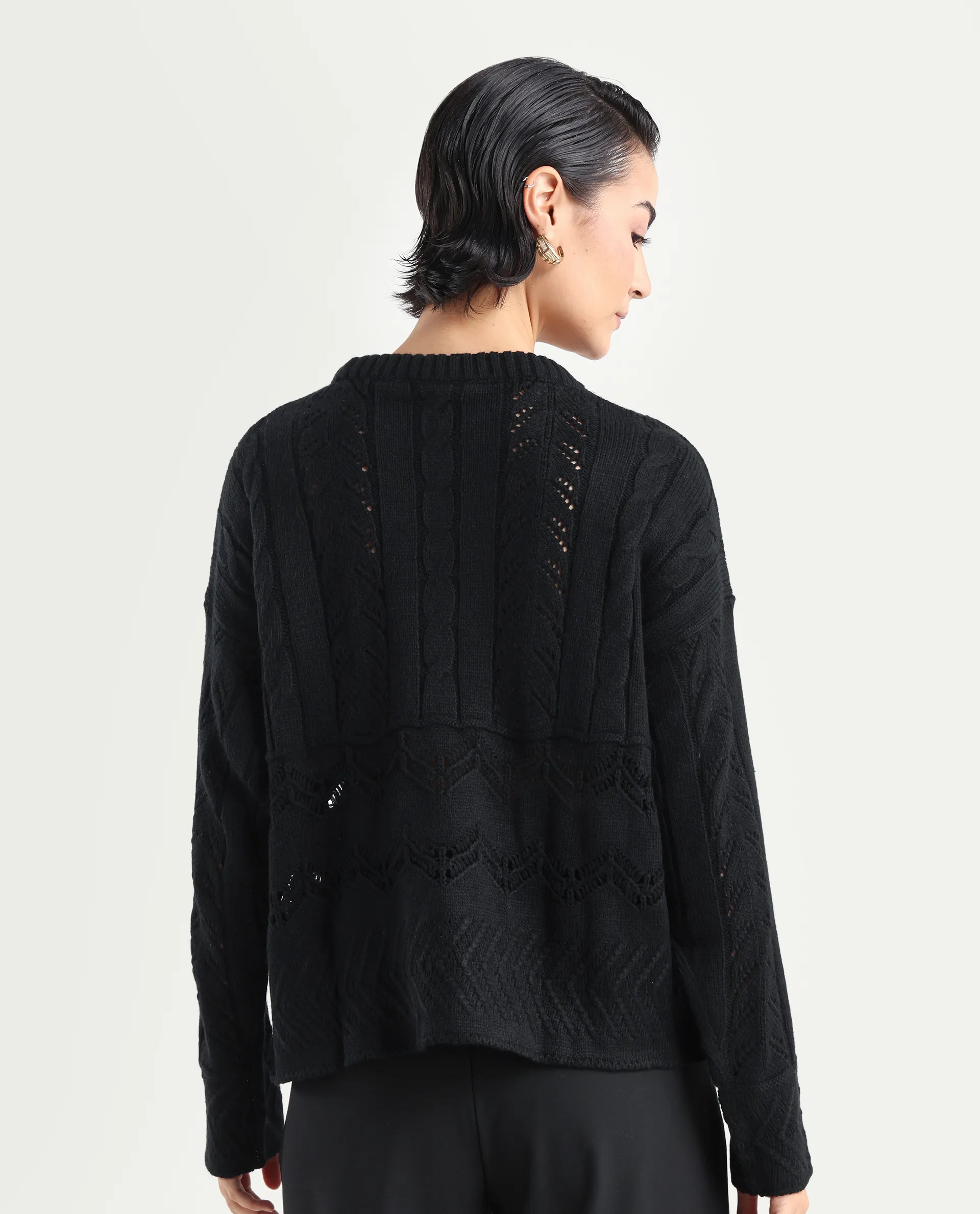Rareism Women's Saben Black Acrylic Ribbed Collar Plain Boxy Fit Sweater - Image 7
