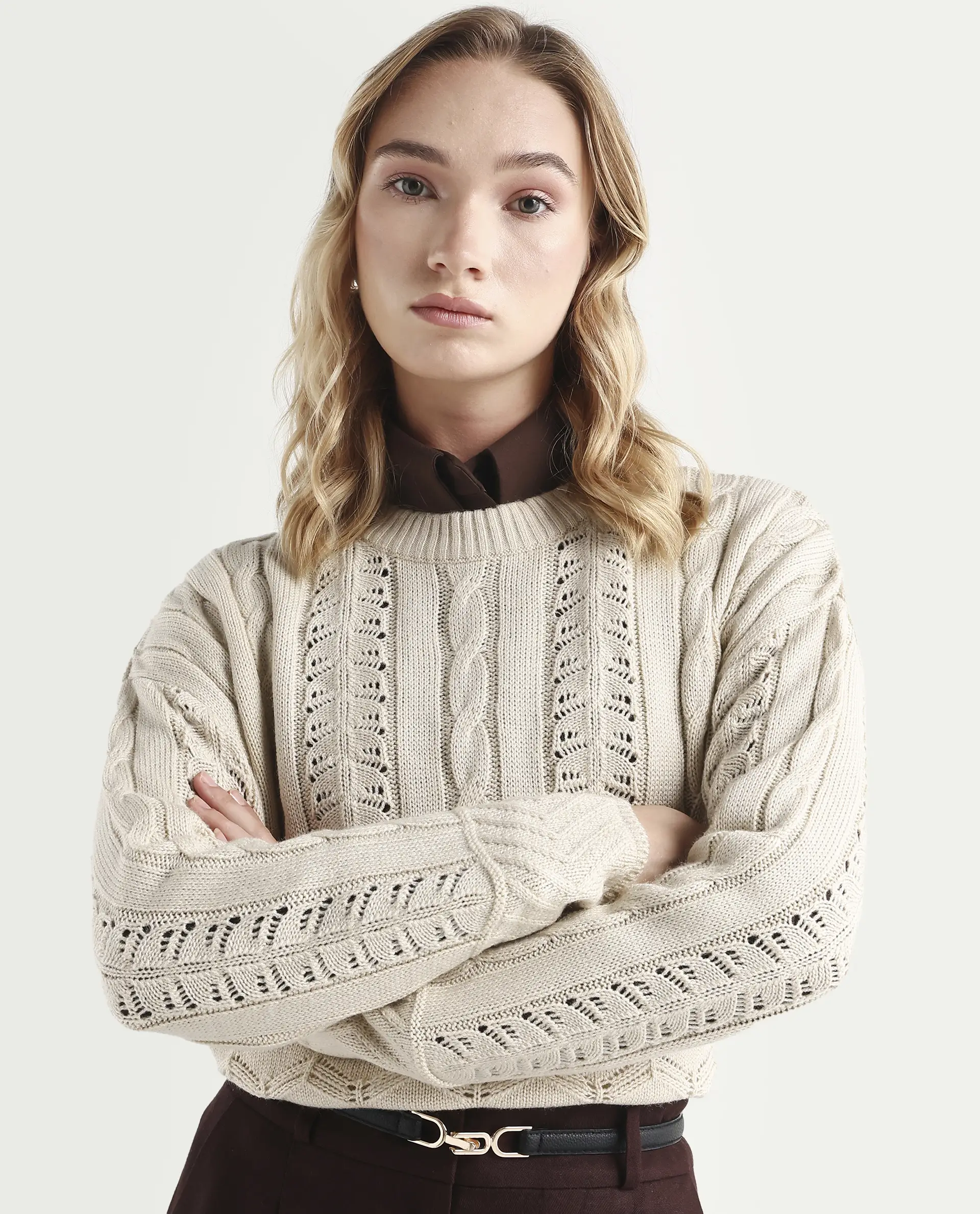 Rareism Women's Sabia Light Beige Acrylic Crew Neck Relaxed Fit Sweater