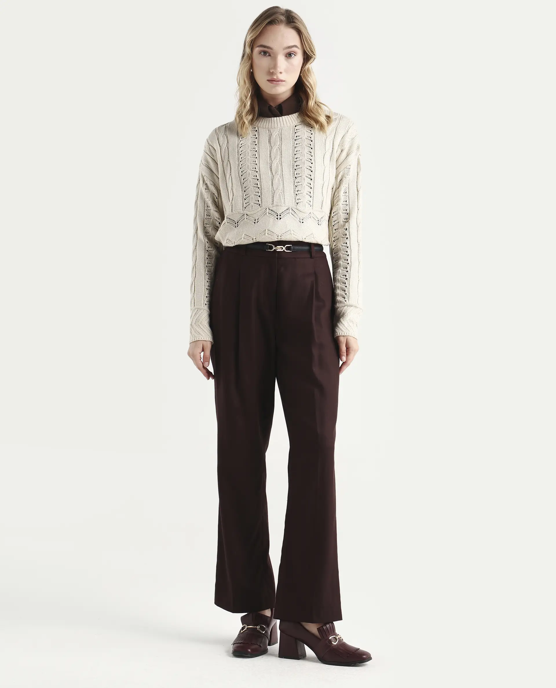 Rareism Women's Sabia Light Beige Acrylic Crew Neck Relaxed Fit Sweater - Image 2