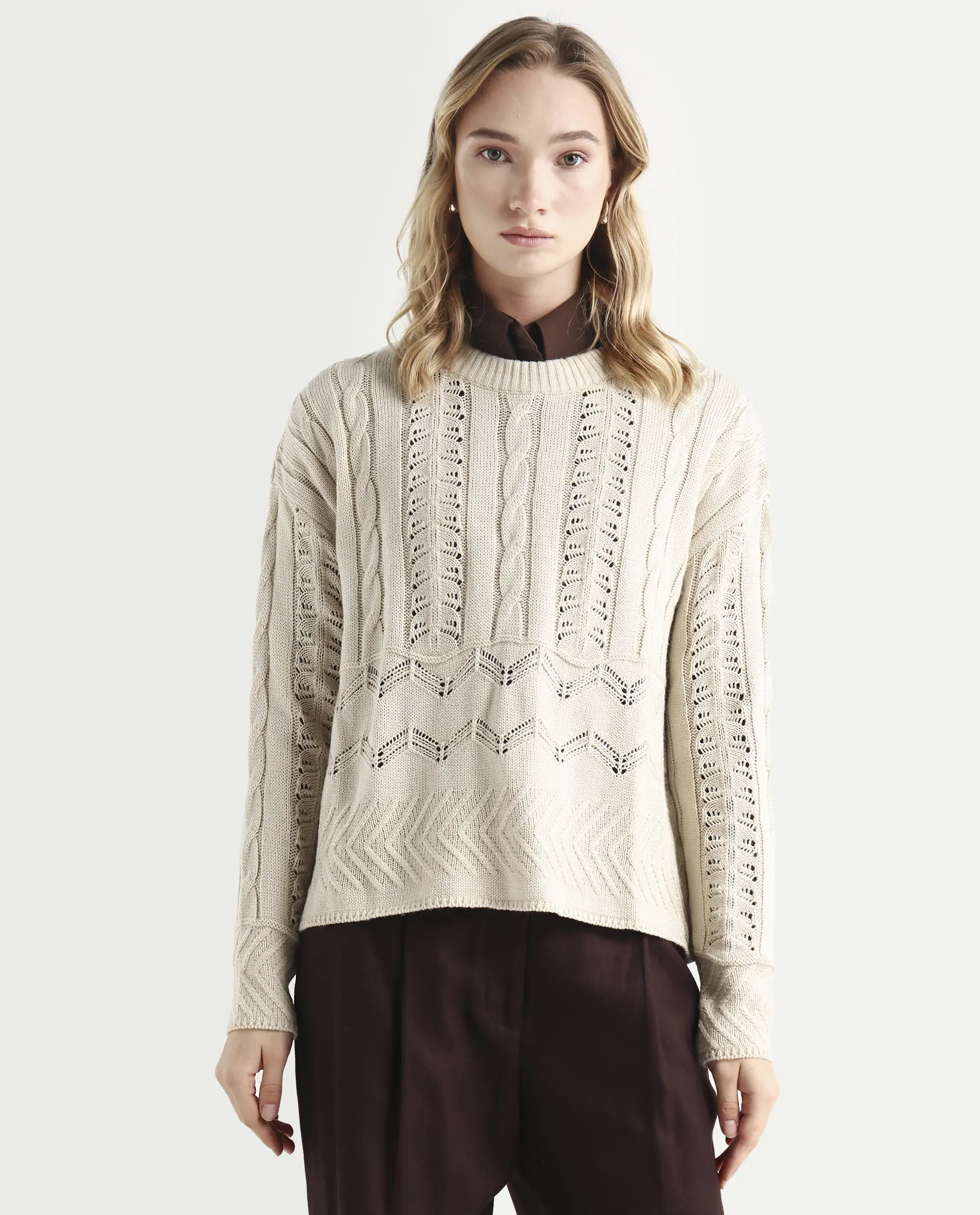 Rareism Women's Sabia Light Beige Acrylic Crew Neck Relaxed Fit Sweater - Image 3