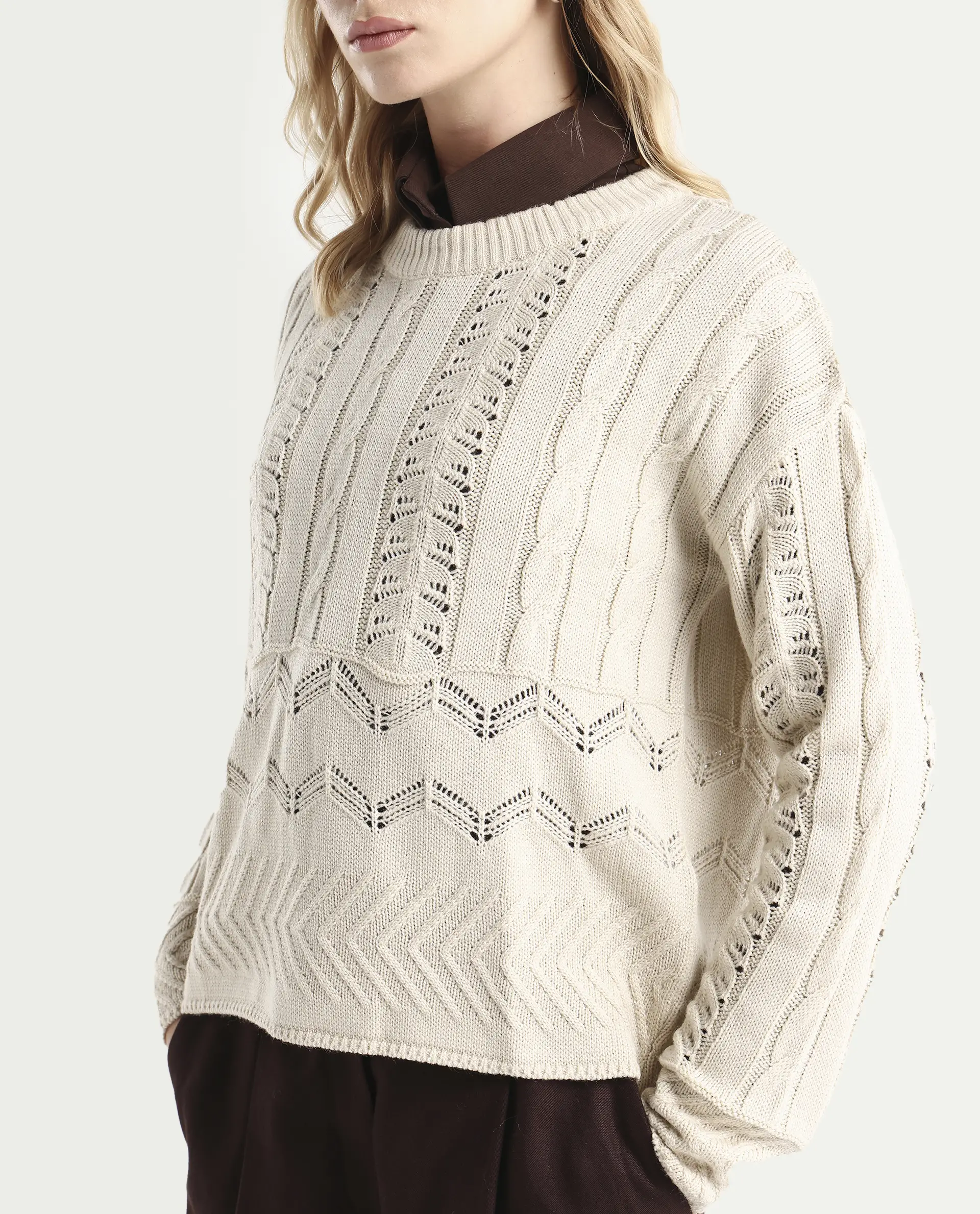 Rareism Women's Sabia Light Beige Acrylic Crew Neck Relaxed Fit Sweater - Image 4