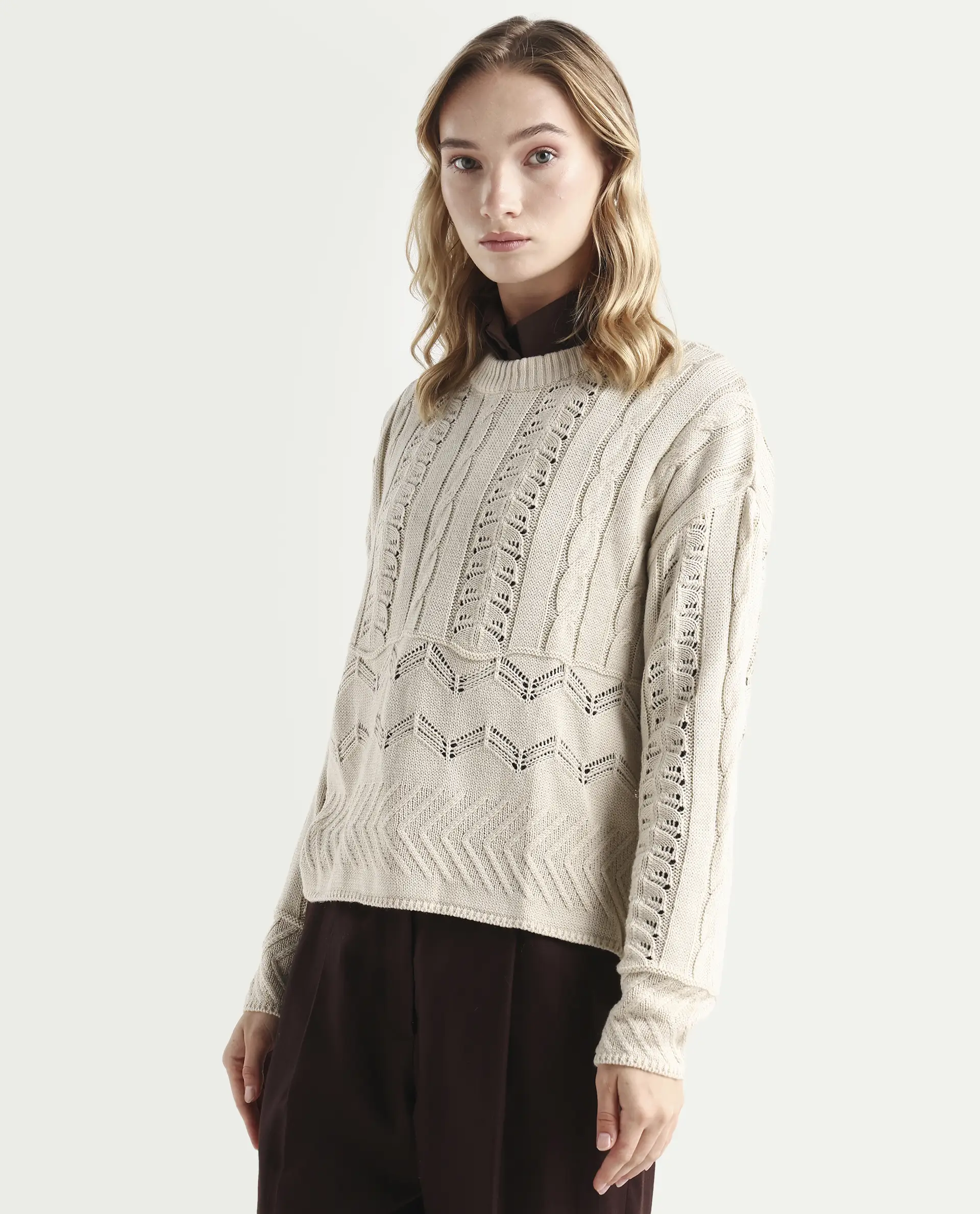 Rareism Women's Sabia Light Beige Acrylic Crew Neck Relaxed Fit Sweater - Image 5