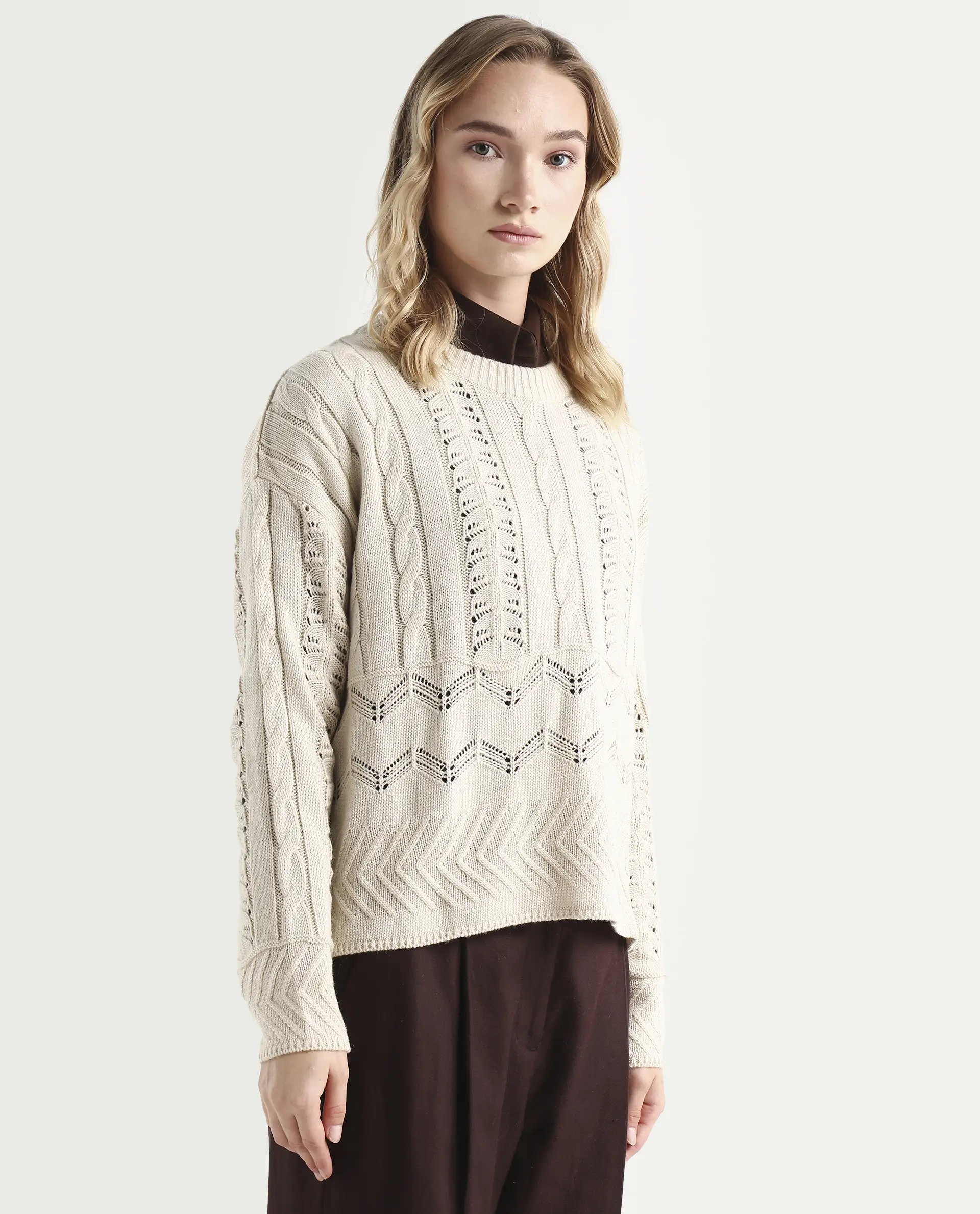 Rareism Women's Sabia Light Beige Acrylic Crew Neck Relaxed Fit Sweater - Image 6