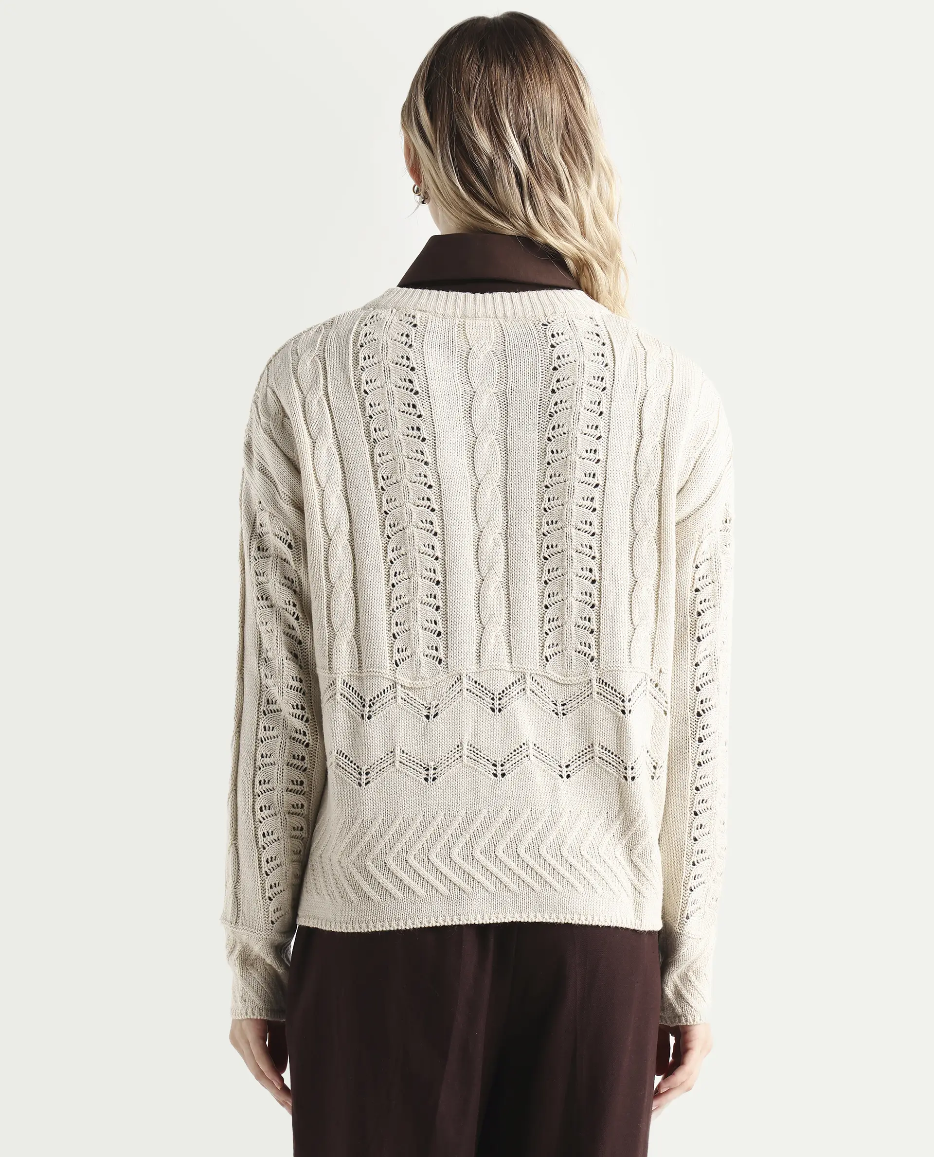 Rareism Women's Sabia Light Beige Acrylic Crew Neck Relaxed Fit Sweater - Image 7