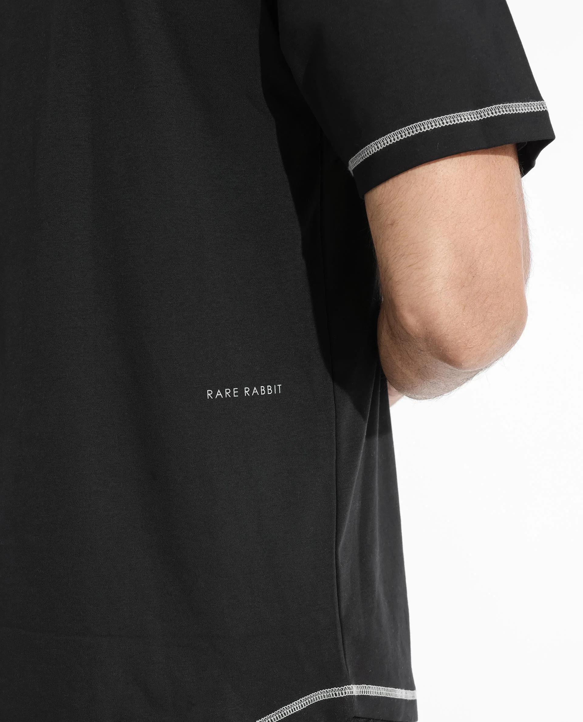 Rare Rabbit Men's Sable Black Cotton Plain Boxy Fit Half Sleeve Crew Neck T-Shirt - Image 2