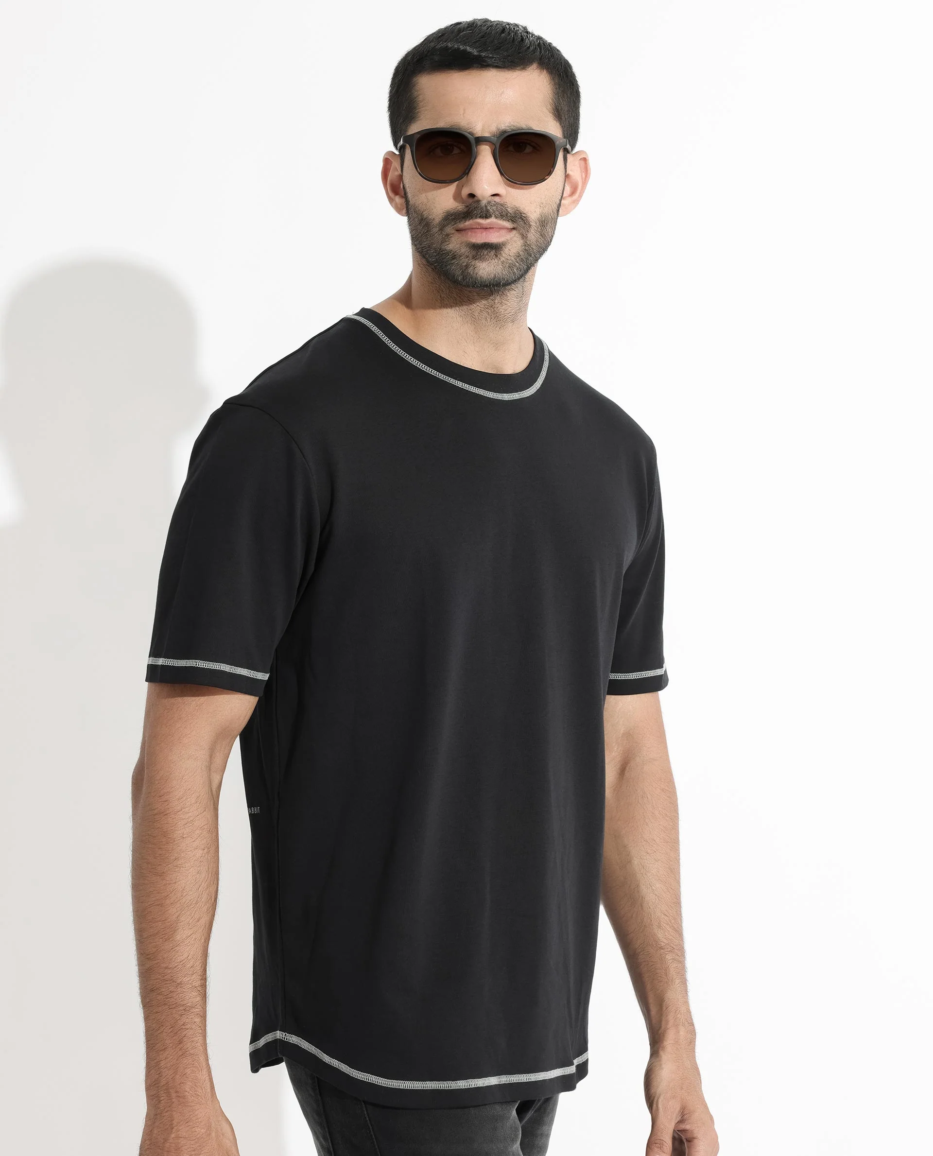 Rare Rabbit Men's Sable Black Cotton Plain Boxy Fit Half Sleeve Crew Neck T-Shirt - Image 4