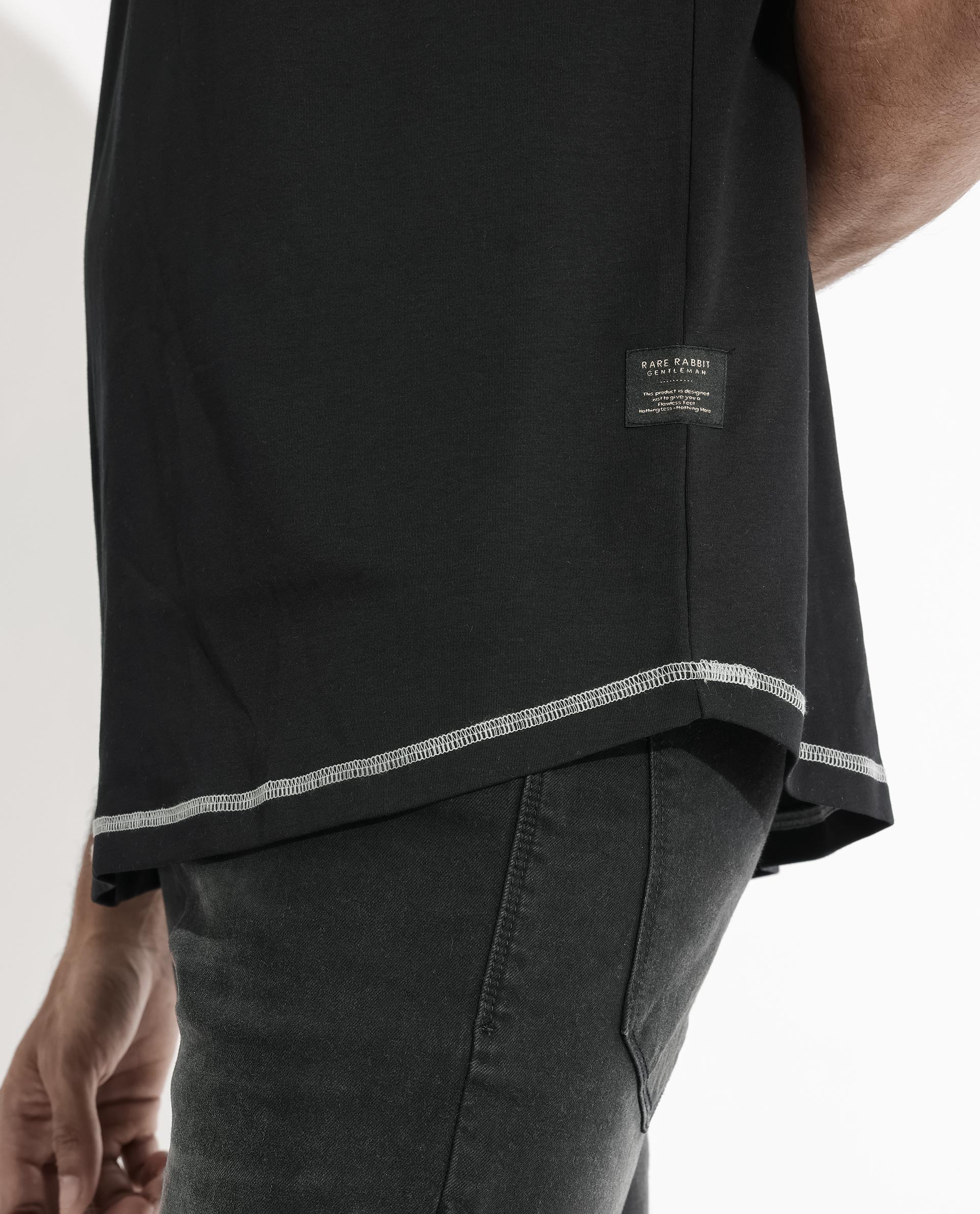 Rare Rabbit Men's Sable Black Cotton Plain Boxy Fit Half Sleeve Crew Neck T-Shirt - Image 6
