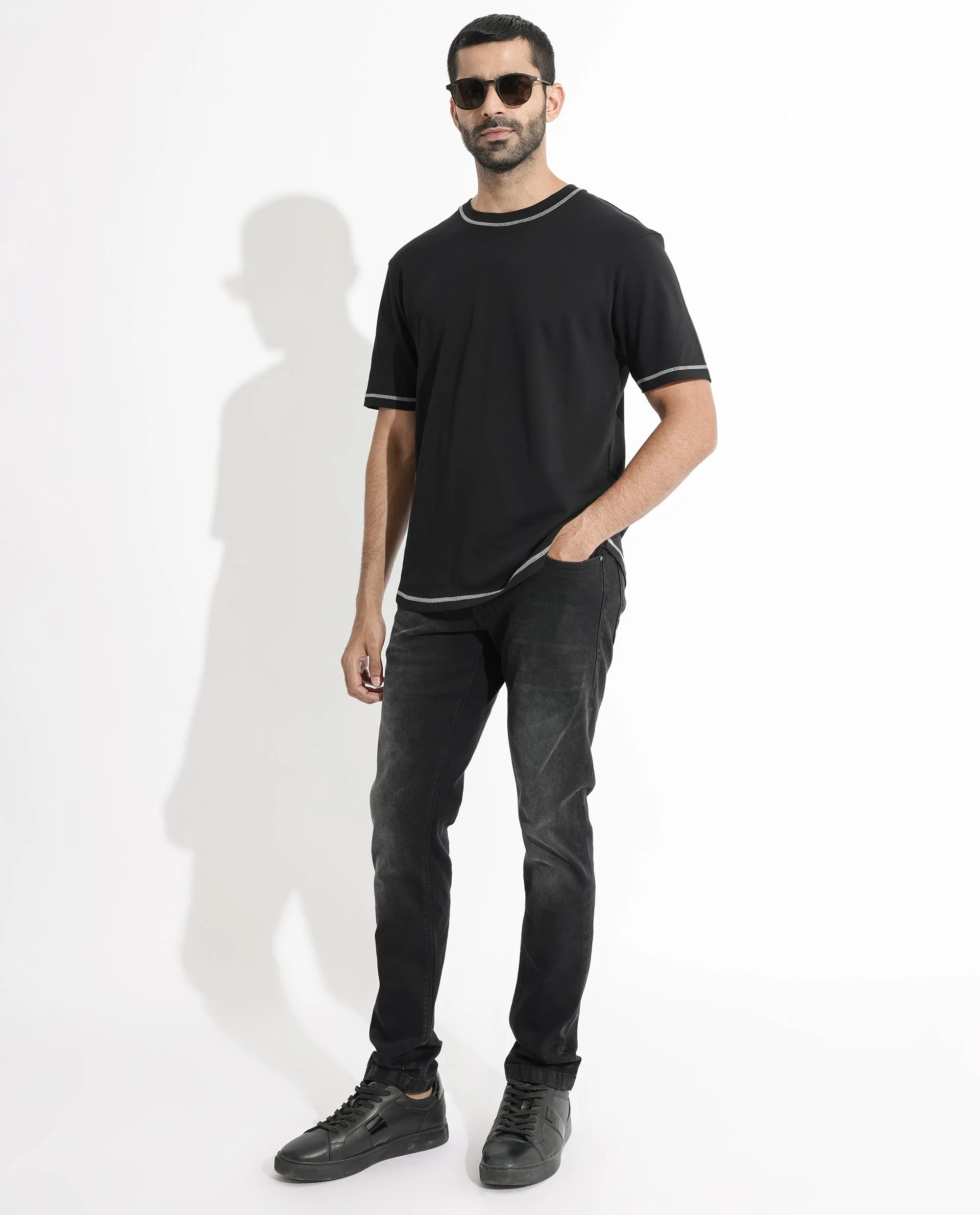 Rare Rabbit Men's Sable Black Cotton Plain Boxy Fit Half Sleeve Crew Neck T-Shirt - Image 7