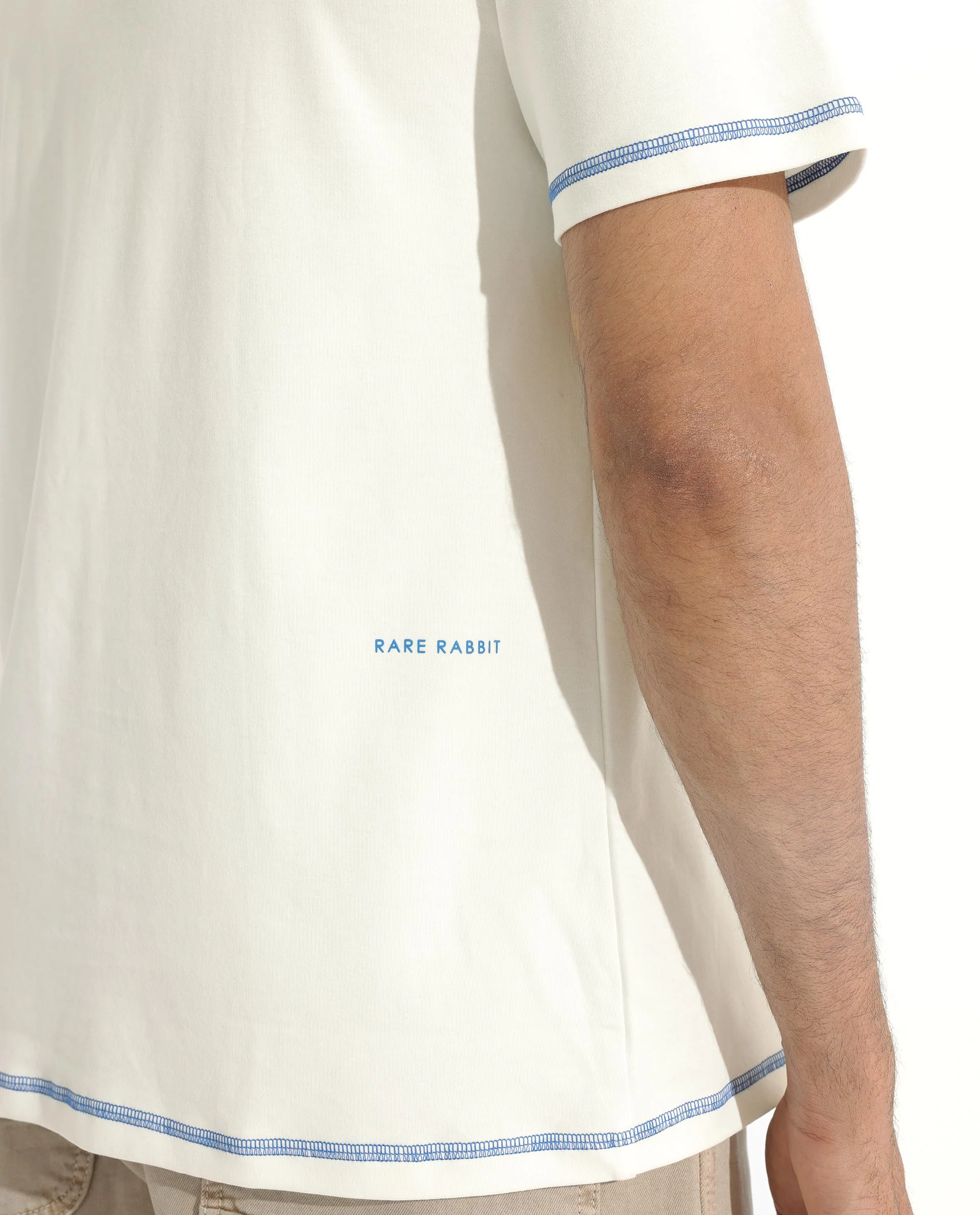 Rare Rabbit Men's Sable Off White Cotton Plain Boxy Fit Half Sleeve Crew Neck T-Shirt - Image 2