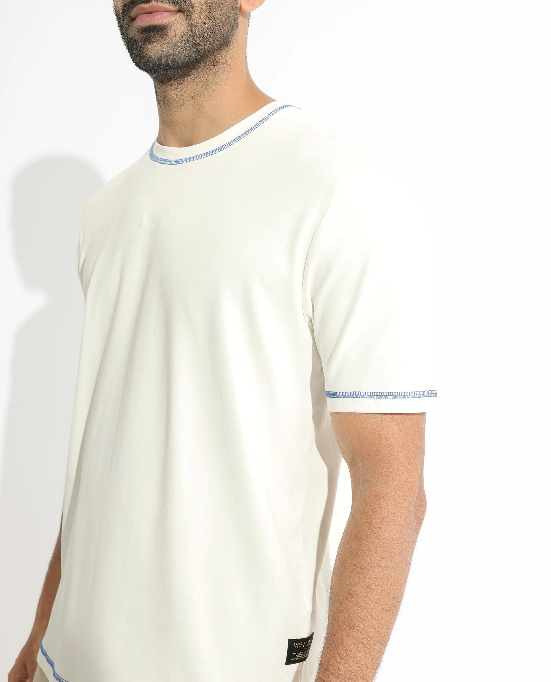 Rare Rabbit Men's Sable Off White Cotton Plain Boxy Fit Half Sleeve Crew Neck T-Shirt - Image 4