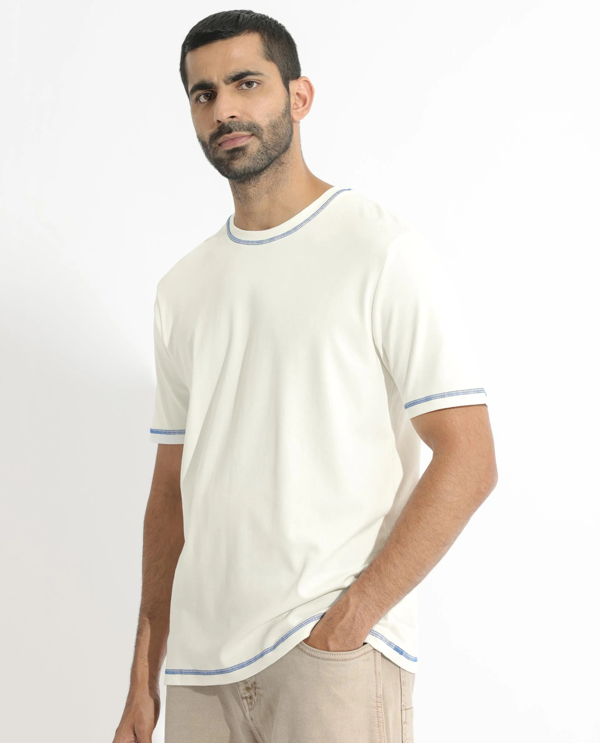 Rare Rabbit Men's Sable Off White Cotton Plain Boxy Fit Half Sleeve Crew Neck T-Shirt - Image 5