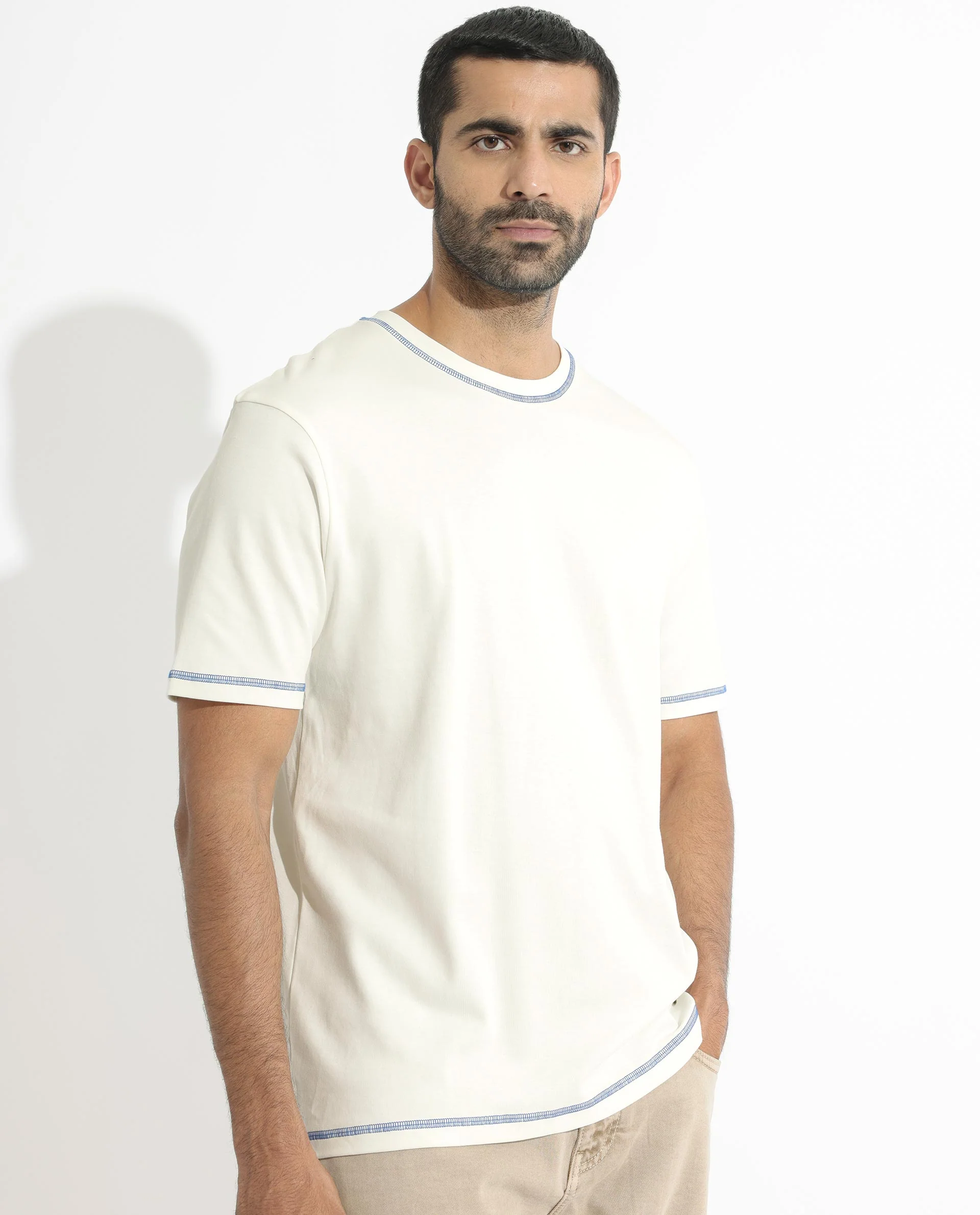 Rare Rabbit Men's Sable Off White Cotton Plain Boxy Fit Half Sleeve Crew Neck T-Shirt - Image 6
