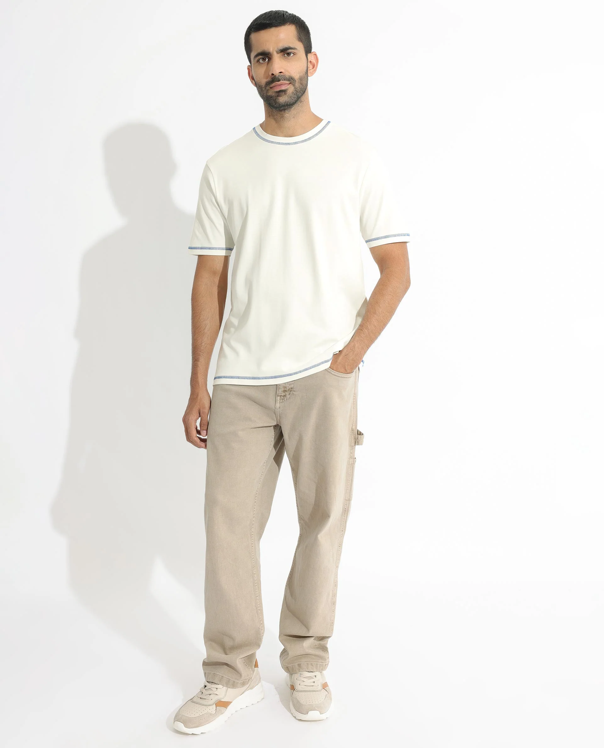 Rare Rabbit Men's Sable Off White Cotton Plain Boxy Fit Half Sleeve Crew Neck T-Shirt - Image 7