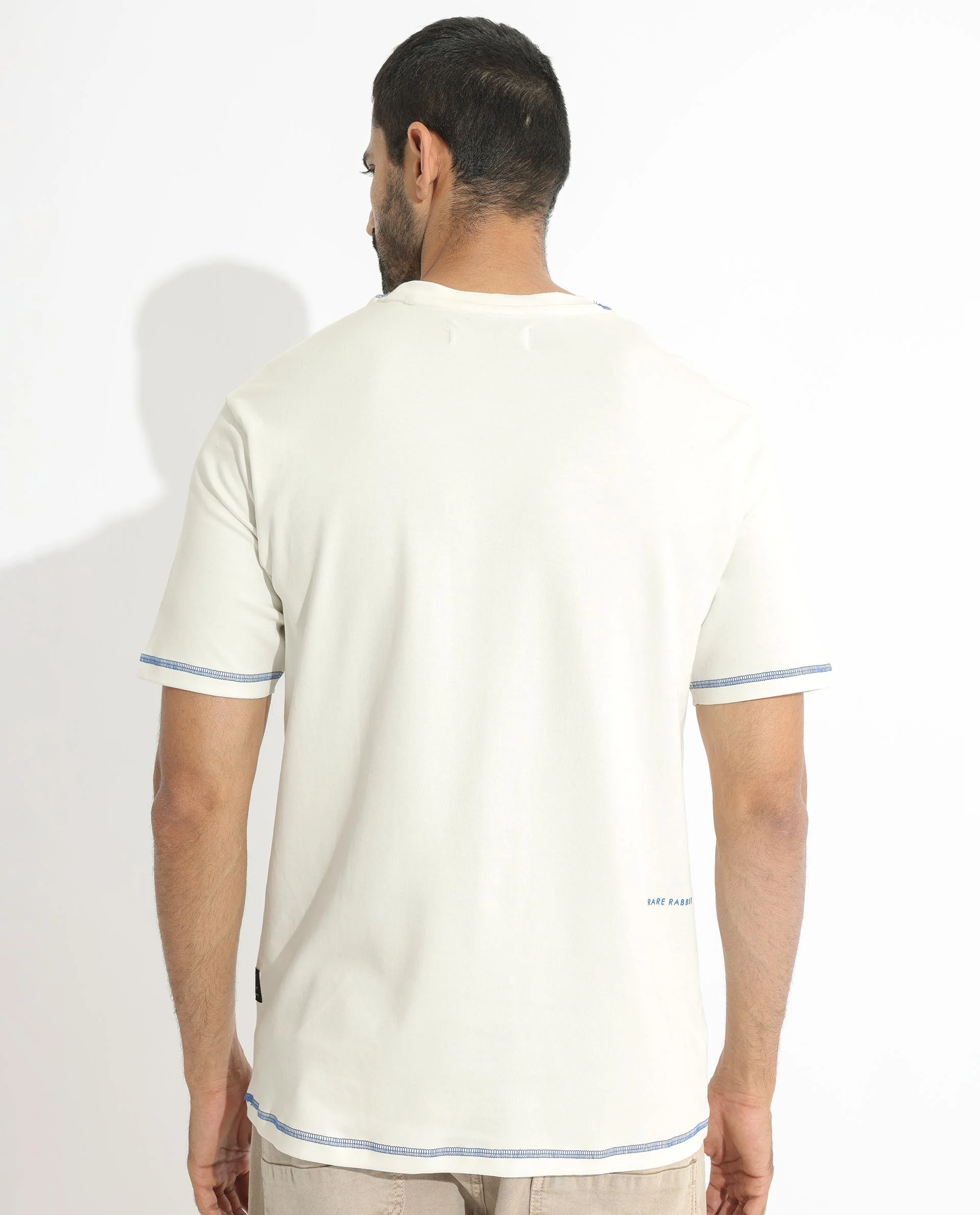 Rare Rabbit Men's Sable Off White Cotton Plain Boxy Fit Half Sleeve Crew Neck T-Shirt - Image 8