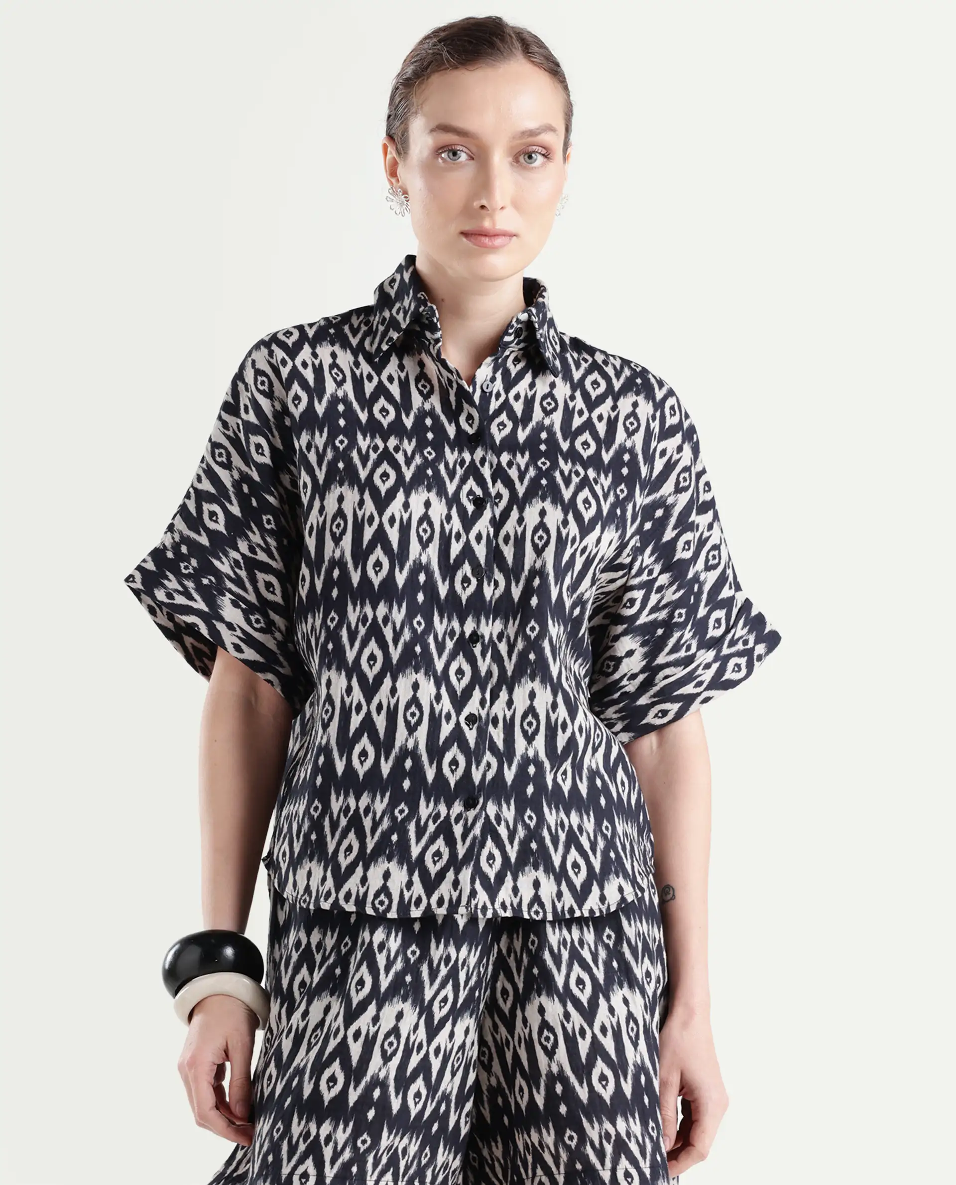 Rareism Women's Sabuto T Black Cotton Blend Drop Collar Geometric Print Boxy Fit Shirt - Image 3