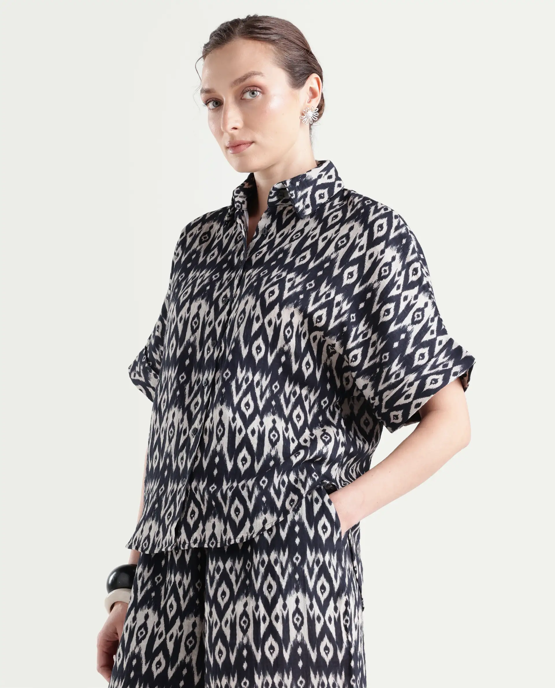 Rareism Women's Sabuto T Black Cotton Blend Drop Collar Geometric Print Boxy Fit Shirt - Image 5