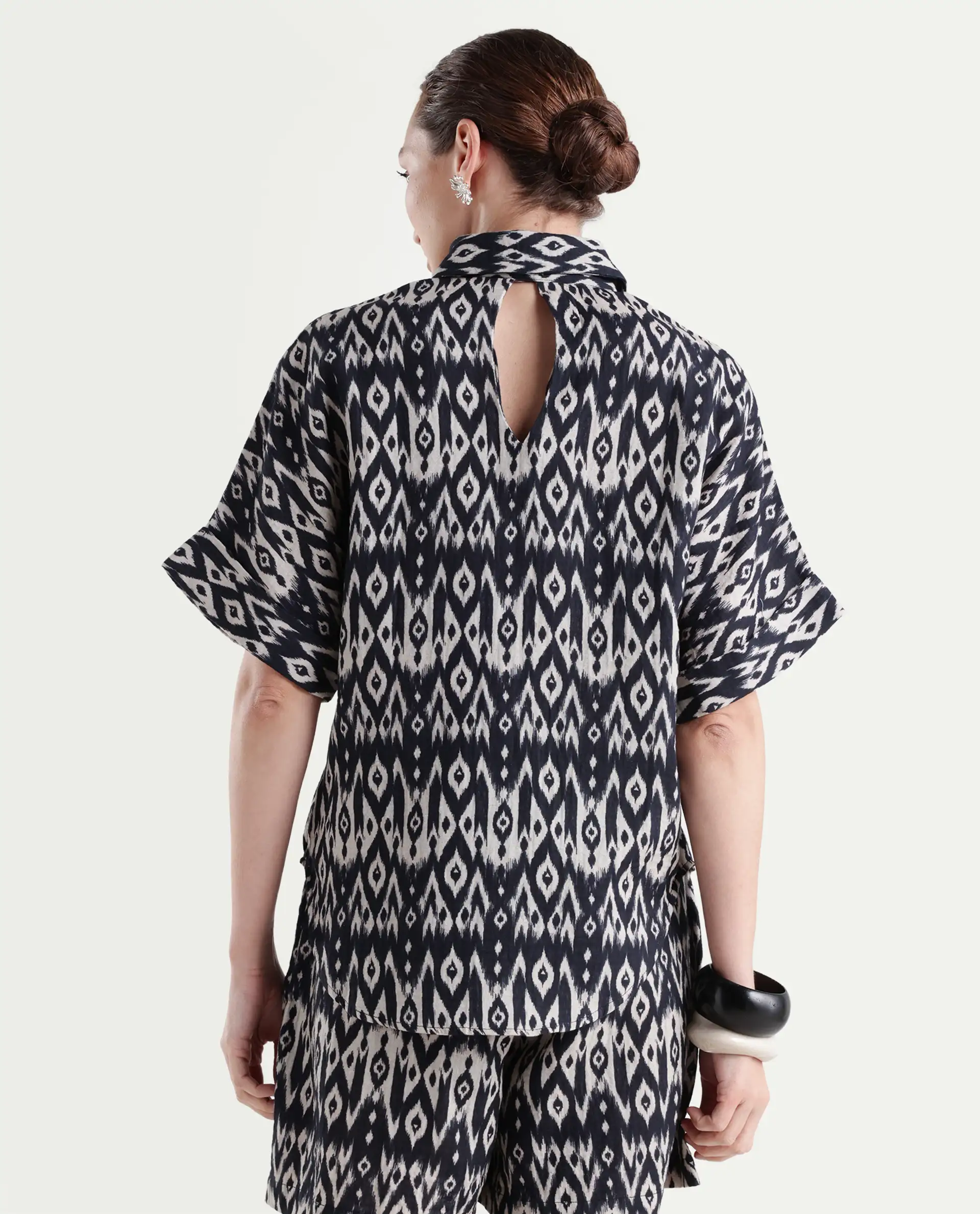 Rareism Women's Sabuto T Black Cotton Blend Drop Collar Geometric Print Boxy Fit Shirt - Image 7