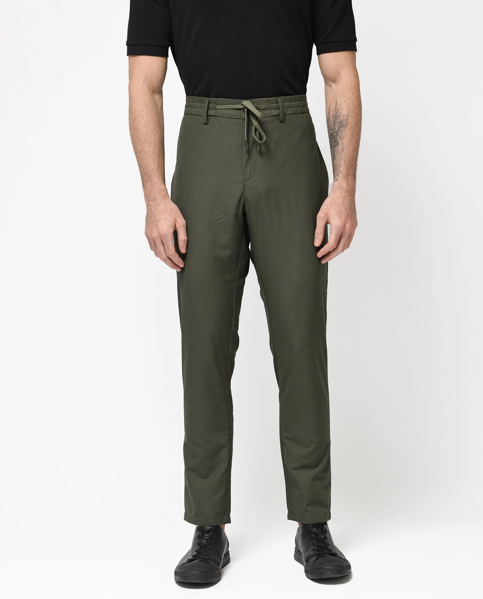 Rare Rabbit Men's Saco Olive Polyester Checked Print Regular Fit Trouser