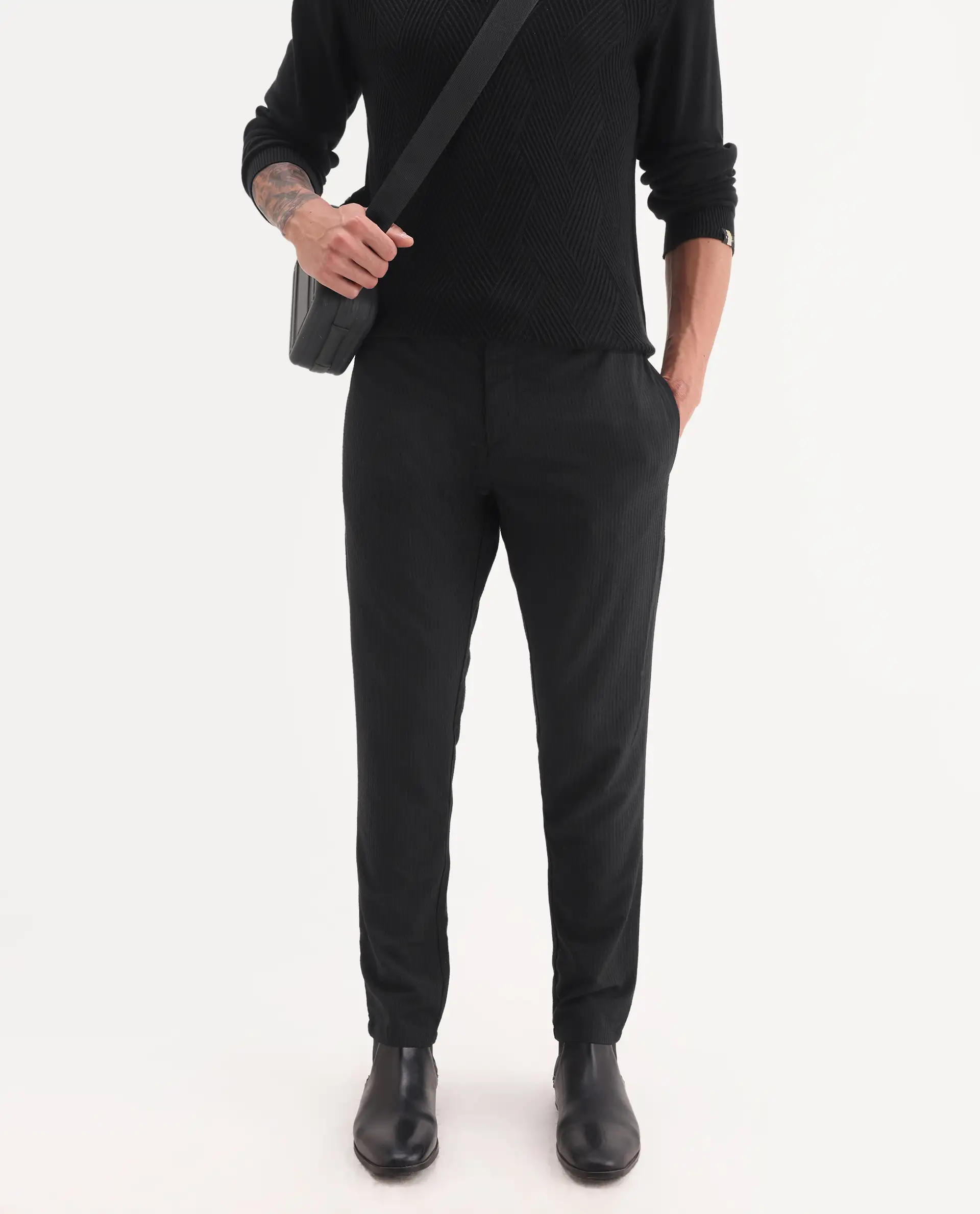 Rare Rabbit Men's Sacon Black Polyester Textured Regular Fit Trouser - Image 2
