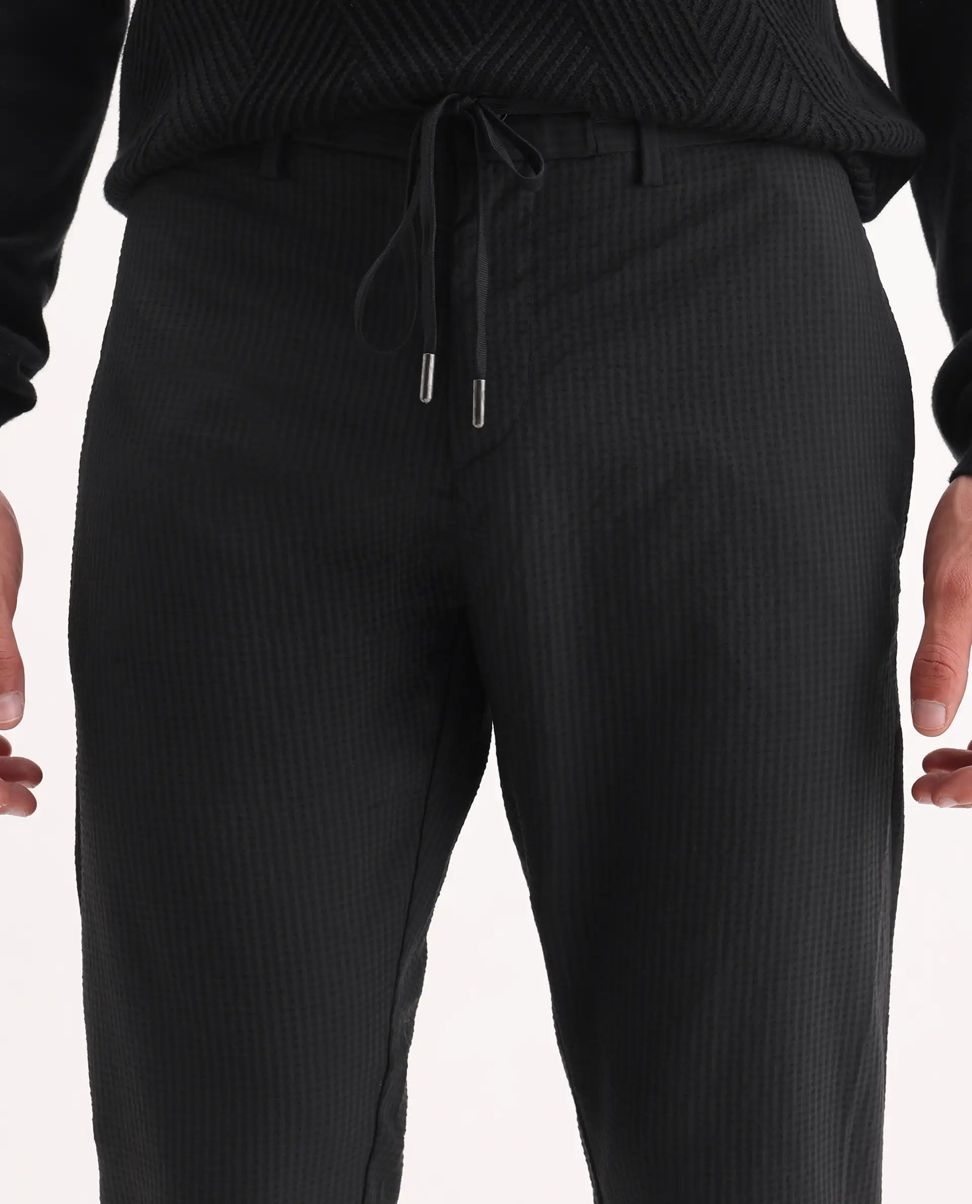 Rare Rabbit Men's Sacon Black Polyester Textured Regular Fit Trouser - Image 3