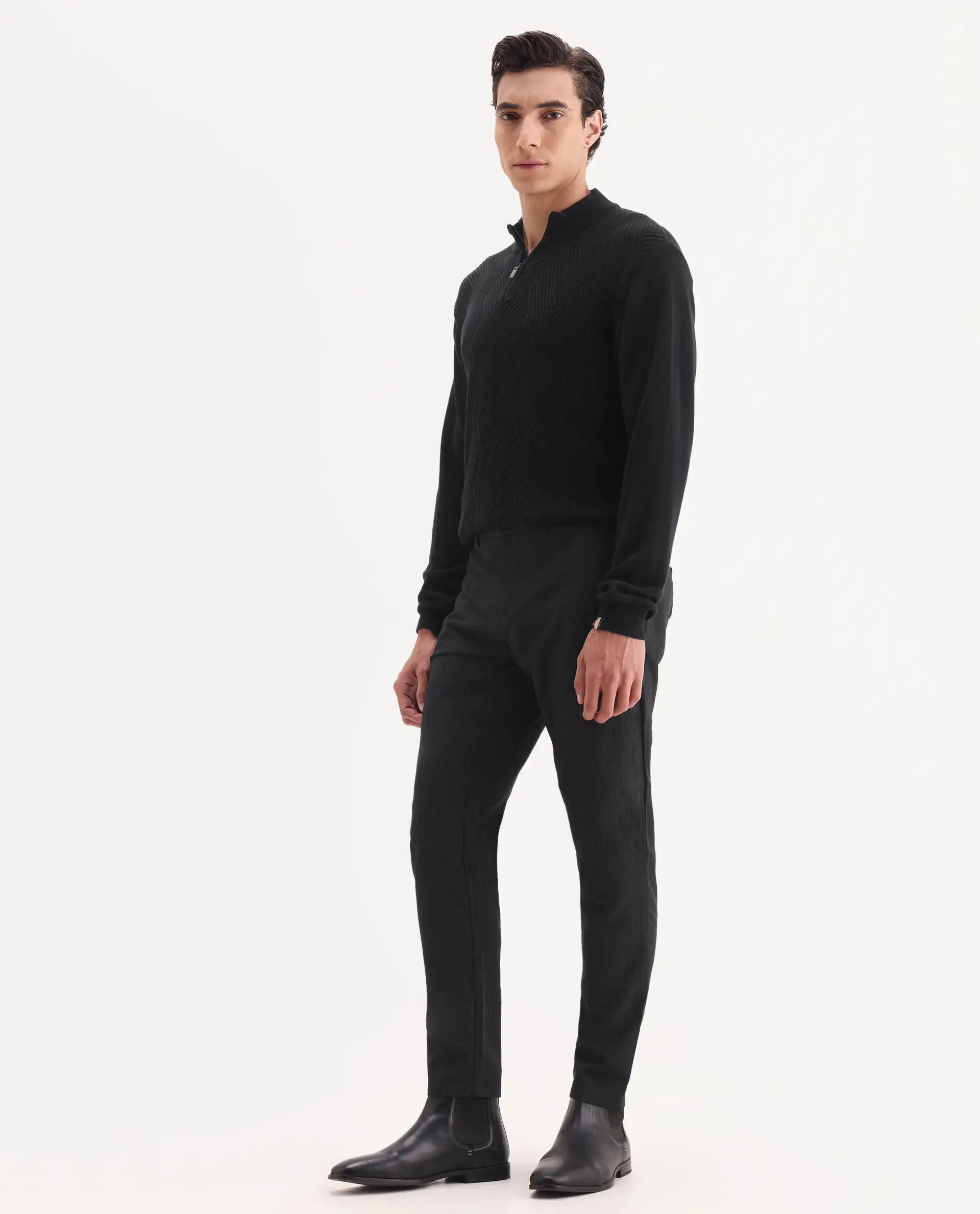 Rare Rabbit Men's Sacon Black Polyester Textured Regular Fit Trouser - Image 4