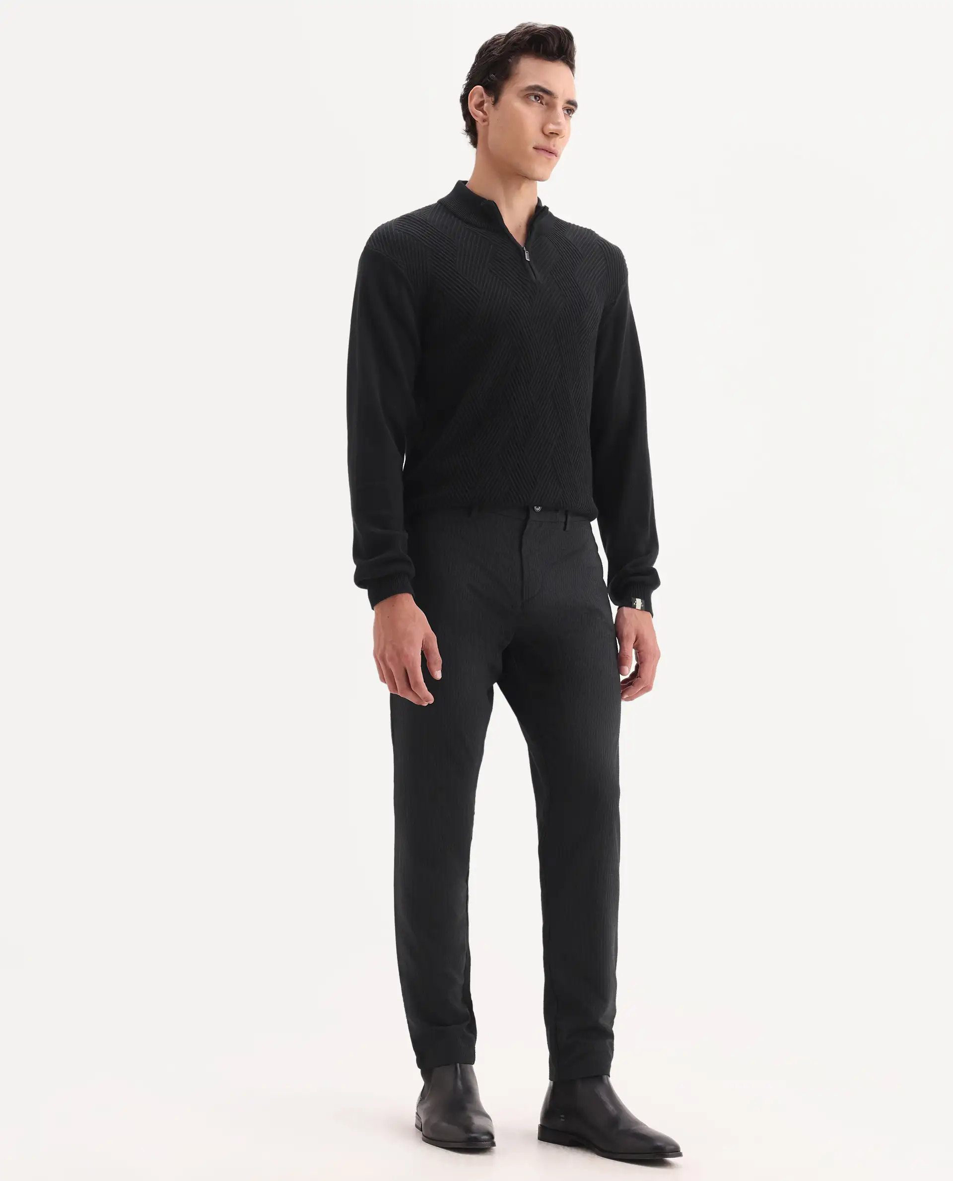 Rare Rabbit Men's Sacon Black Polyester Textured Regular Fit Trouser - Image 5