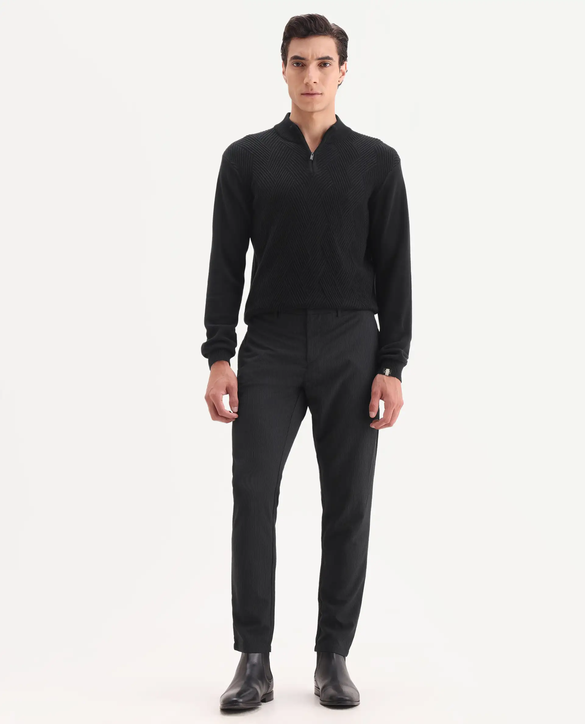 Rare Rabbit Men's Sacon Black Polyester Textured Regular Fit Trouser - Image 7