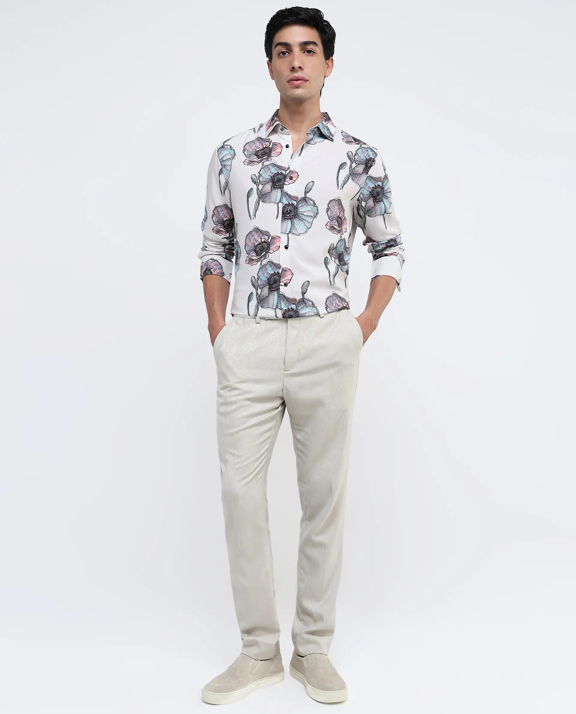 Rare Rabbit Men's Saddle-1 Light Pink Viscose Floral Print Regular Fit Full Sleeve Collared Shirt - Image 2