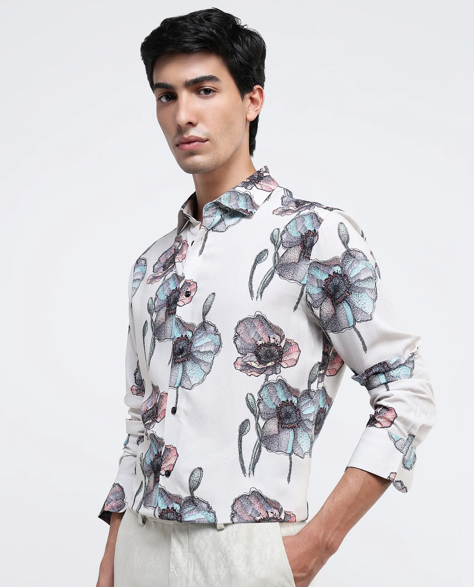 Rare Rabbit Men's Saddle-1 Light Pink Viscose Floral Print Regular Fit Full Sleeve Collared Shirt - Image 5