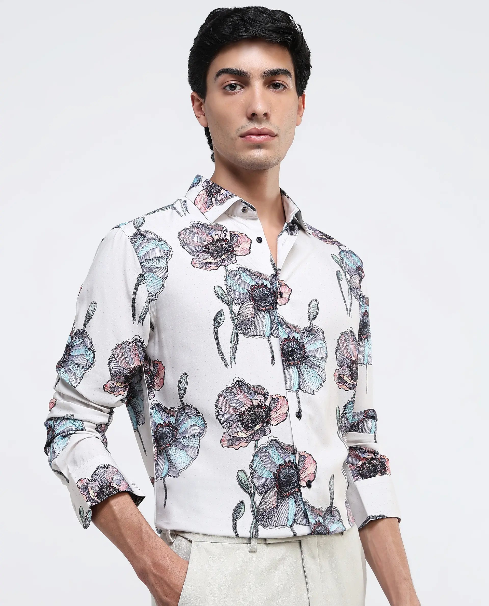 Rare Rabbit Men's Saddle-1 Light Pink Viscose Floral Print Regular Fit Full Sleeve Collared Shirt - Image 6
